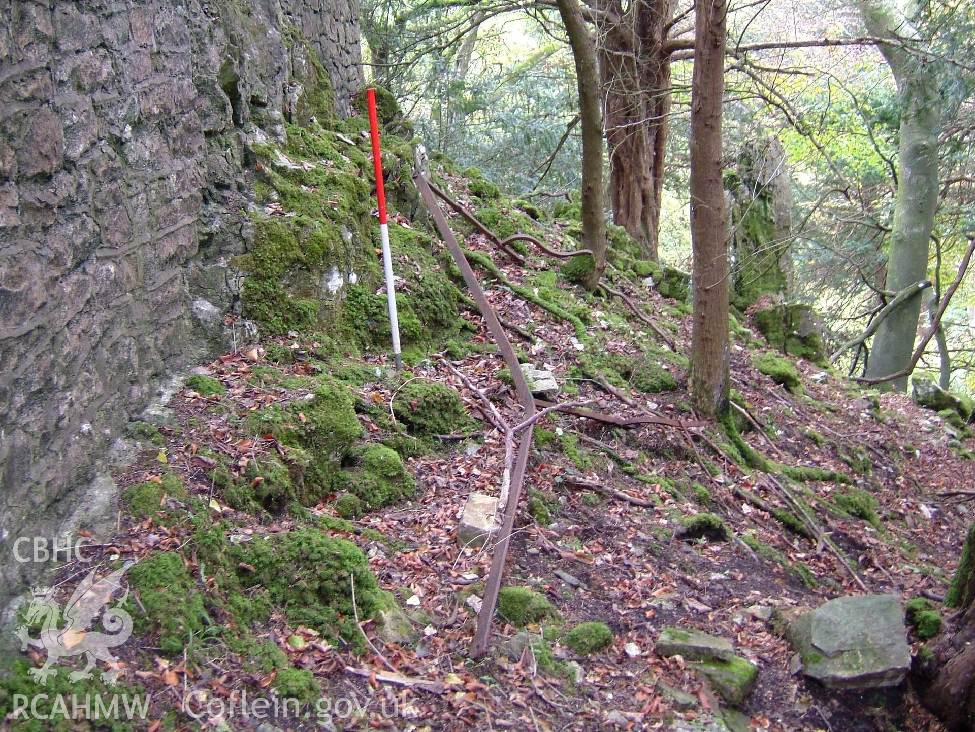 Digital colour photograph taken as part of an archaeological survey at the Piercefield walks, 2004. The photograph shows part of 'The Platform' at the Piercefield estate.