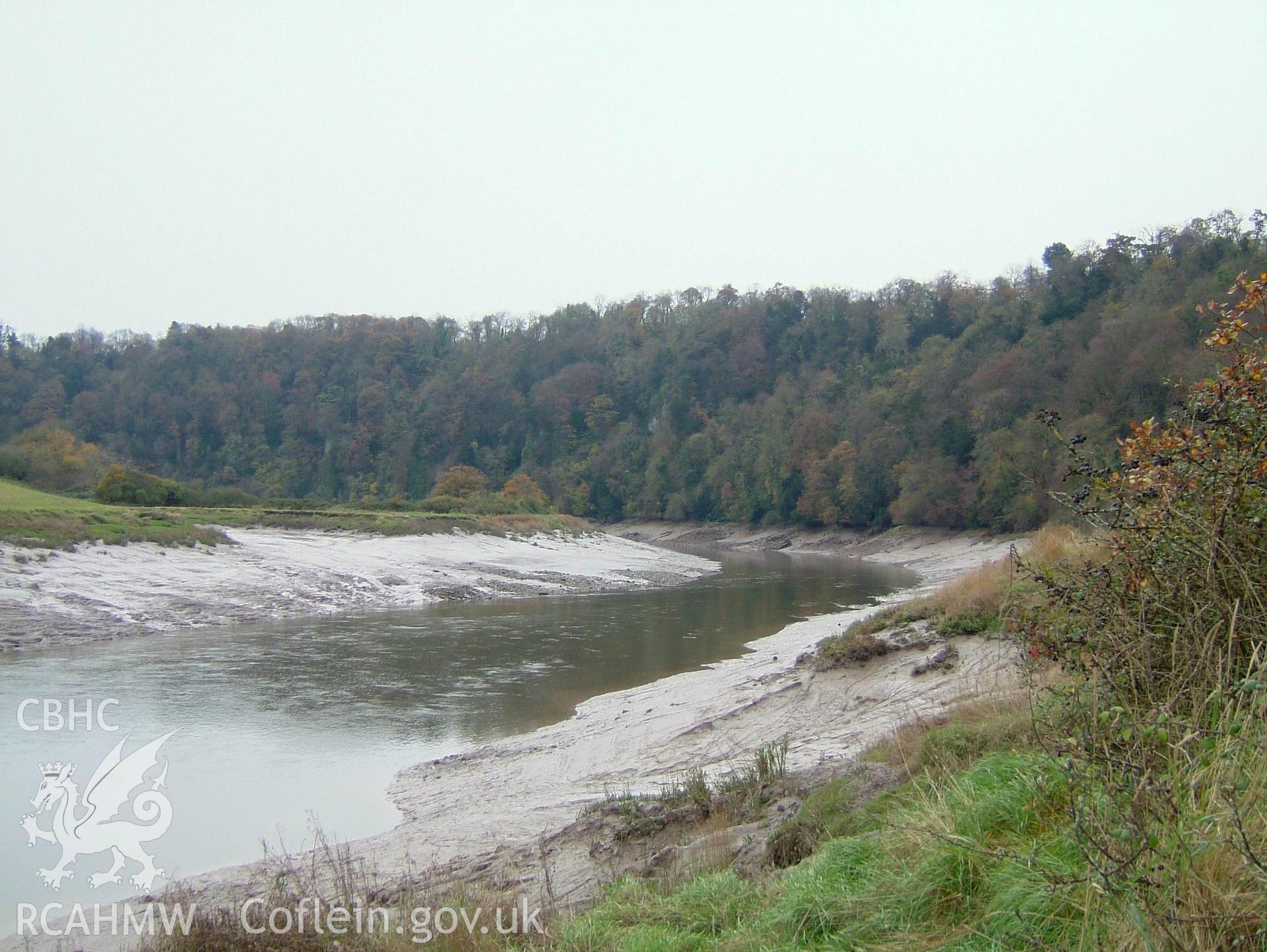 Digital colour photograph taken as part of an archaeological survey at the Piercefield walks, 2004. The photograph shows the view looking down the river Wye.