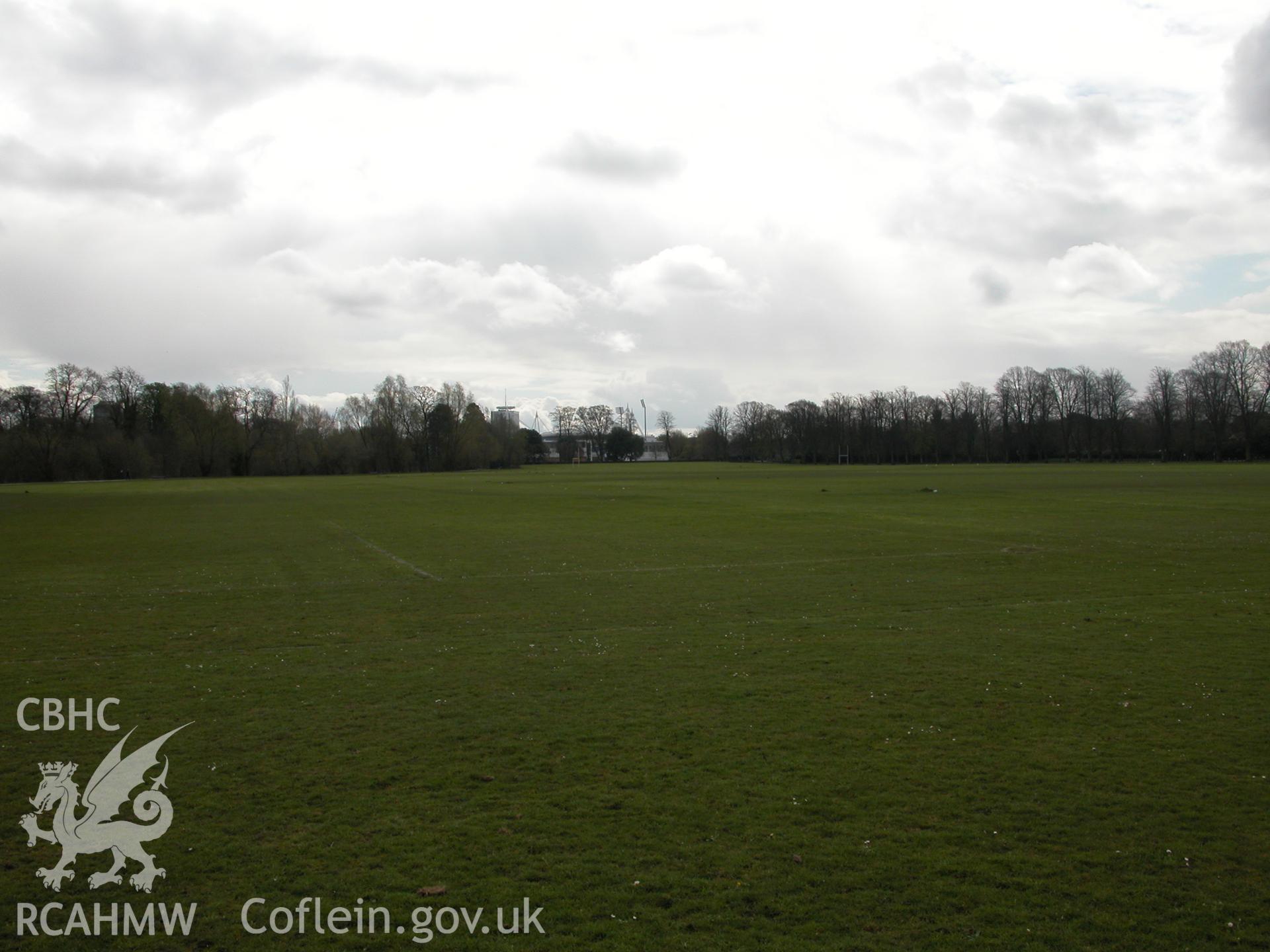 Digital photograph of part of the assessment area, taken from an archaeological impact assessment and field walkover of Pontcanna Fields in Cardiff.