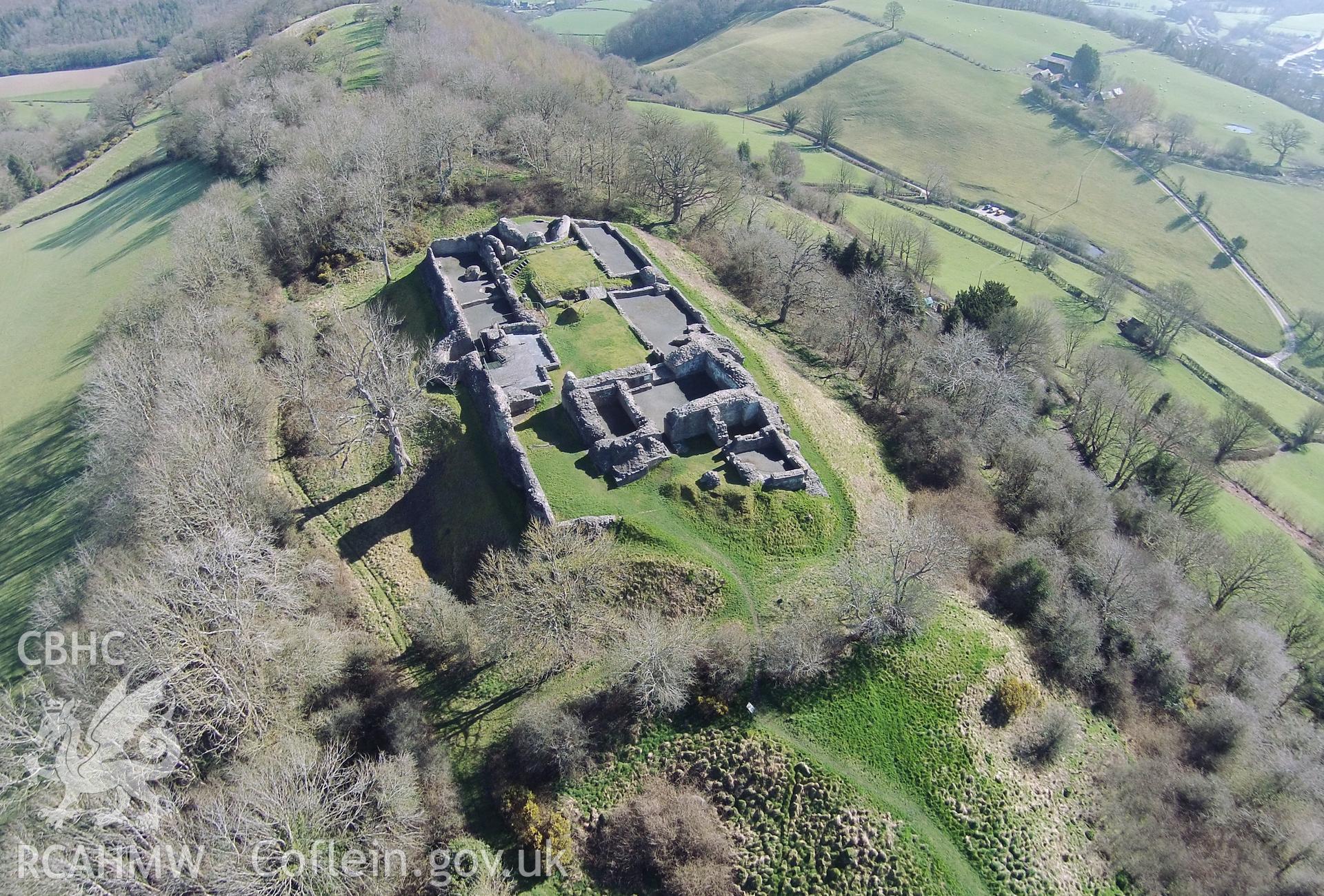 Digital aerial photograph showing Castell Dolforwyn.