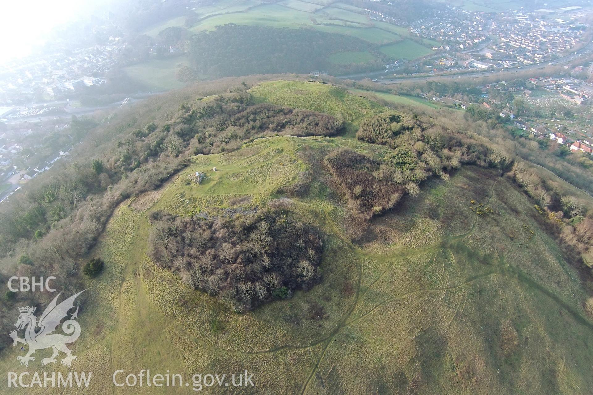 Digital aerial photograph showing Bryn Euryn Hillfort, Colwyn Bay.