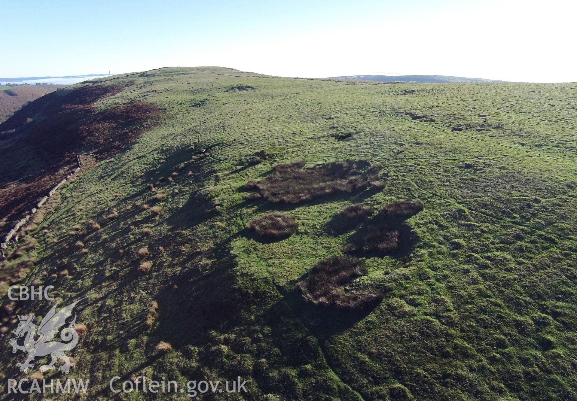 Aerial photograph showing house platform on Gelligaer Common, taken by Paul Davis, 2nd November 2015.