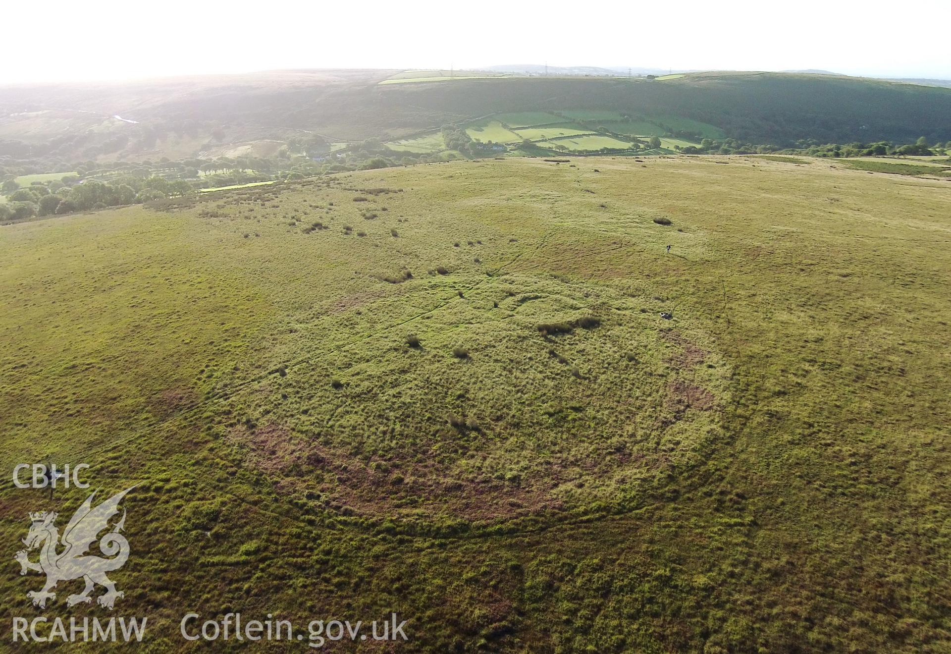 Aerial photograph showing Graig Fawr Ring Cairn, taken by Paul Davis, 5th September 2015.