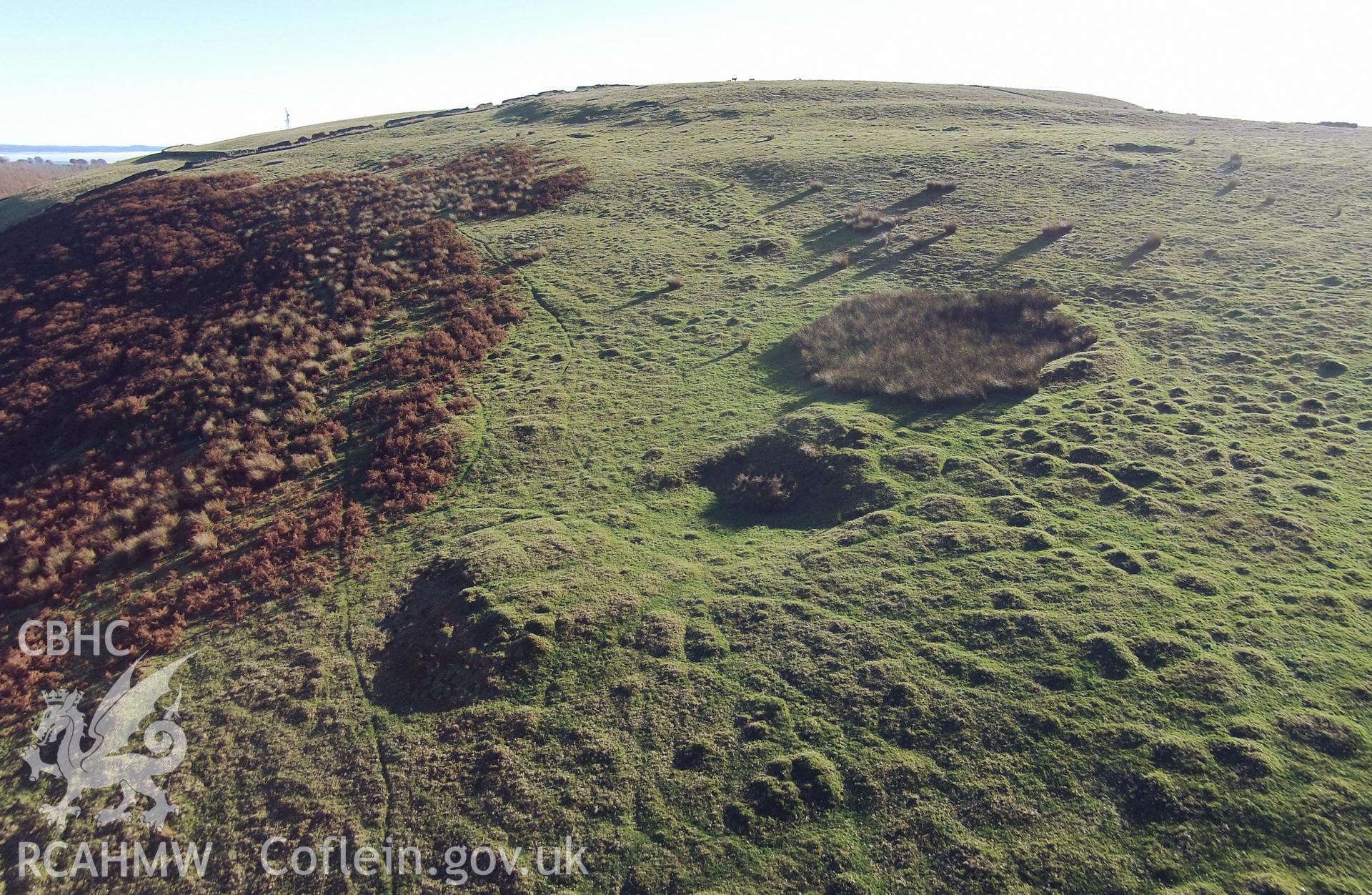 Aerial photograph showing house platform on Gelligaer Common, taken by Paul Davis, 2nd November 2015.