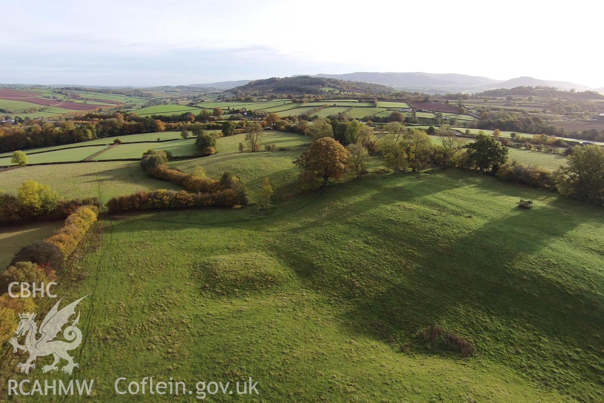 Aerial photograph showing possible moat at Lower Penwaun, taken by Paul Davis, 25th October 2015.