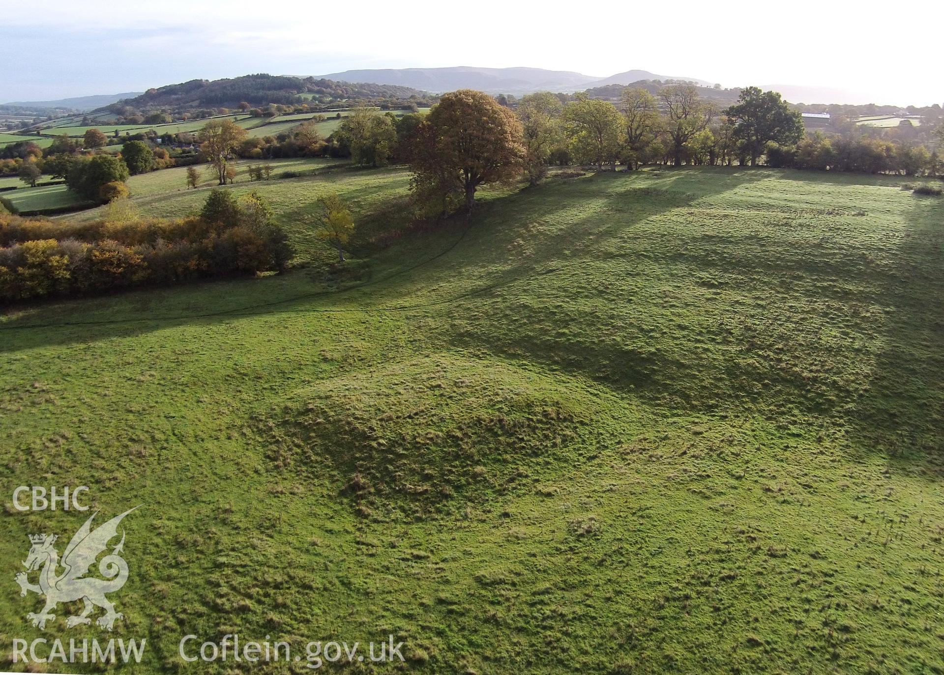 Aerial photograph showing possible moat at Lower Penwaun, taken by Paul Davis, 25th October 2015.