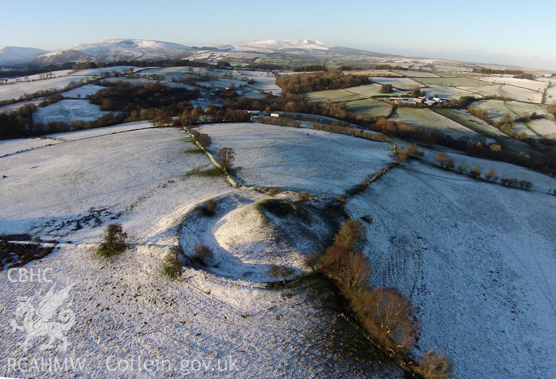 Aerial photograph showing Cwm Camlais Motte, taken by Paul Davis, 21st November 2015.