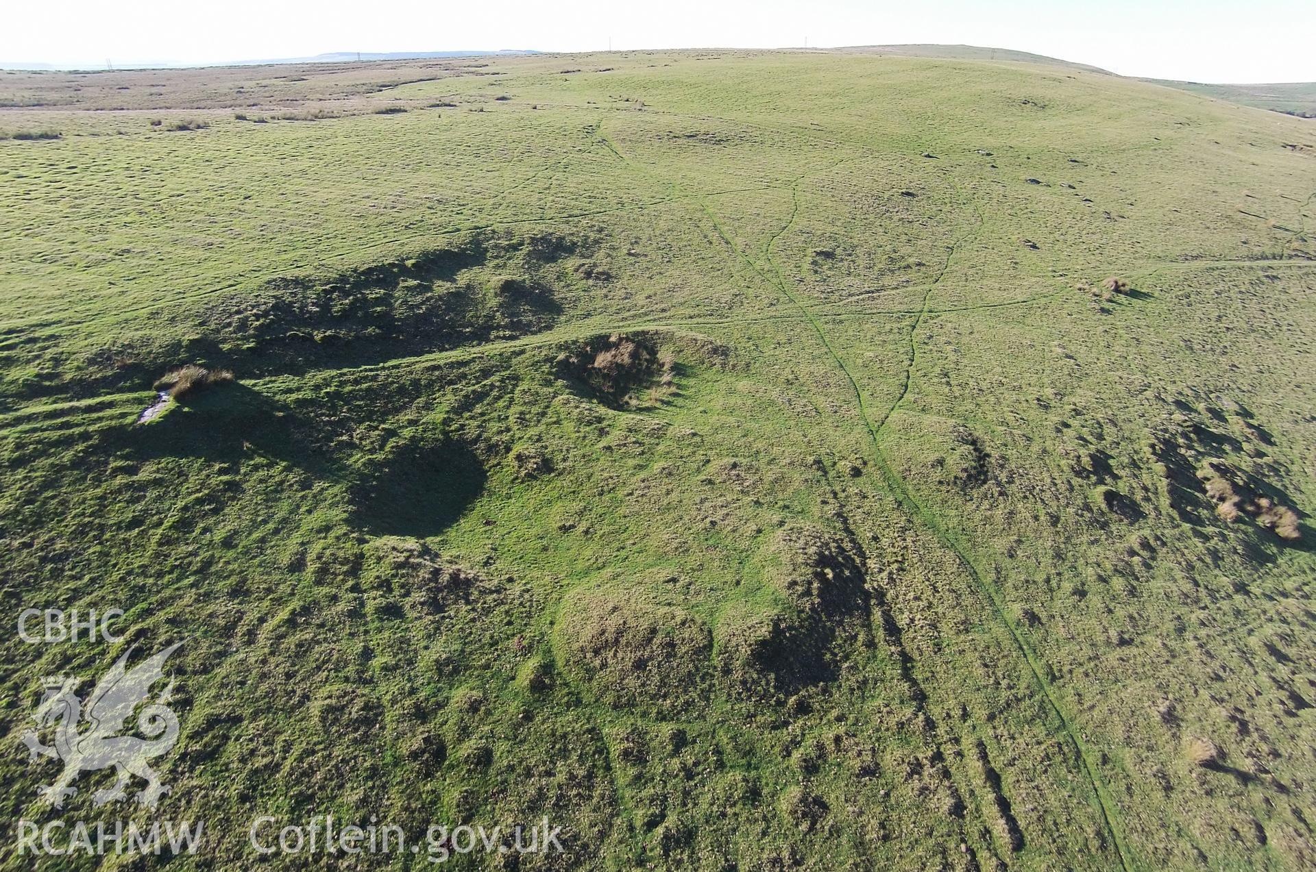 Aerial photograph showing house platform on Gelligaer Common, taken by Paul Davis, 2nd November 2015.