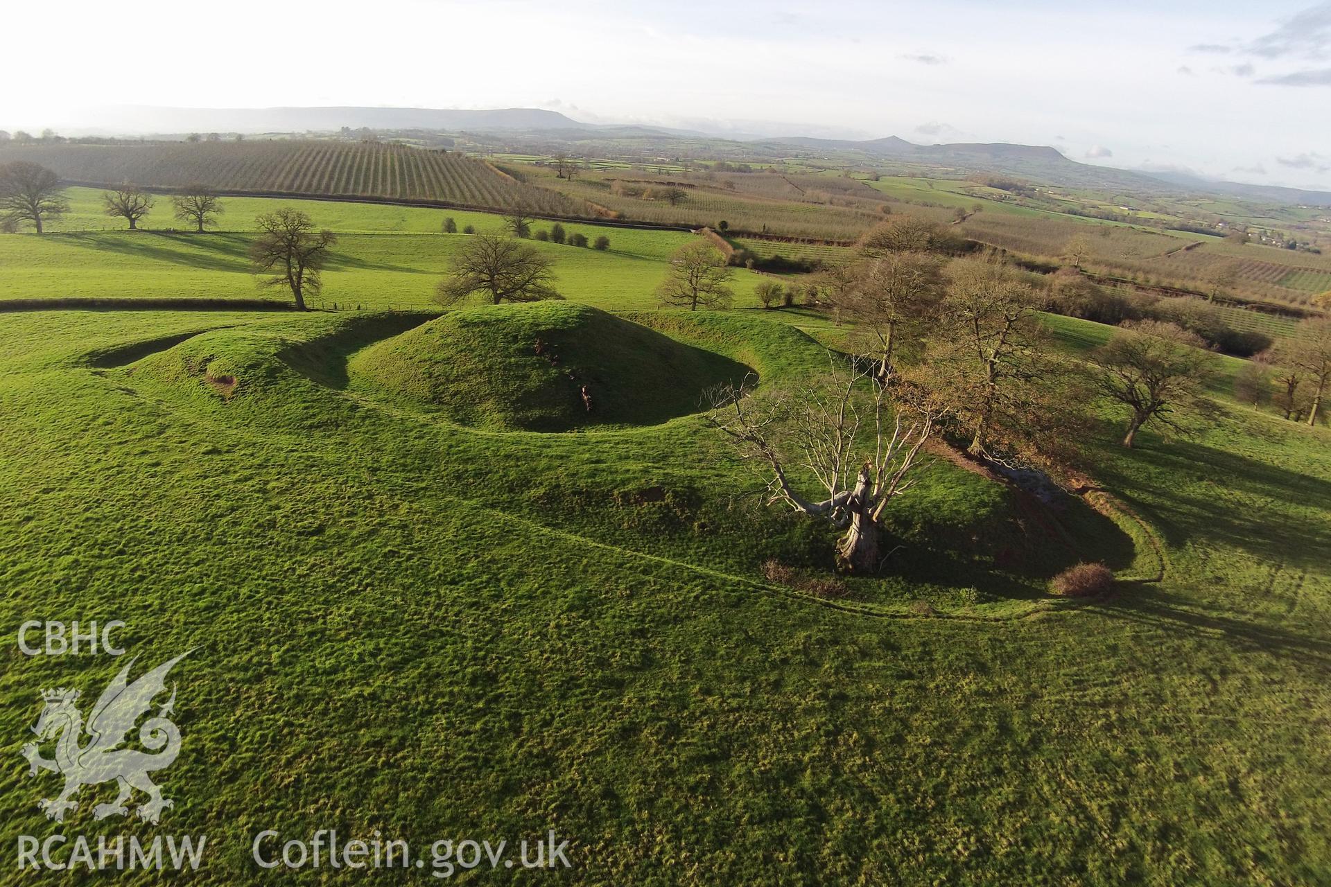 Digital aerial photograph showing Penrhos castle.