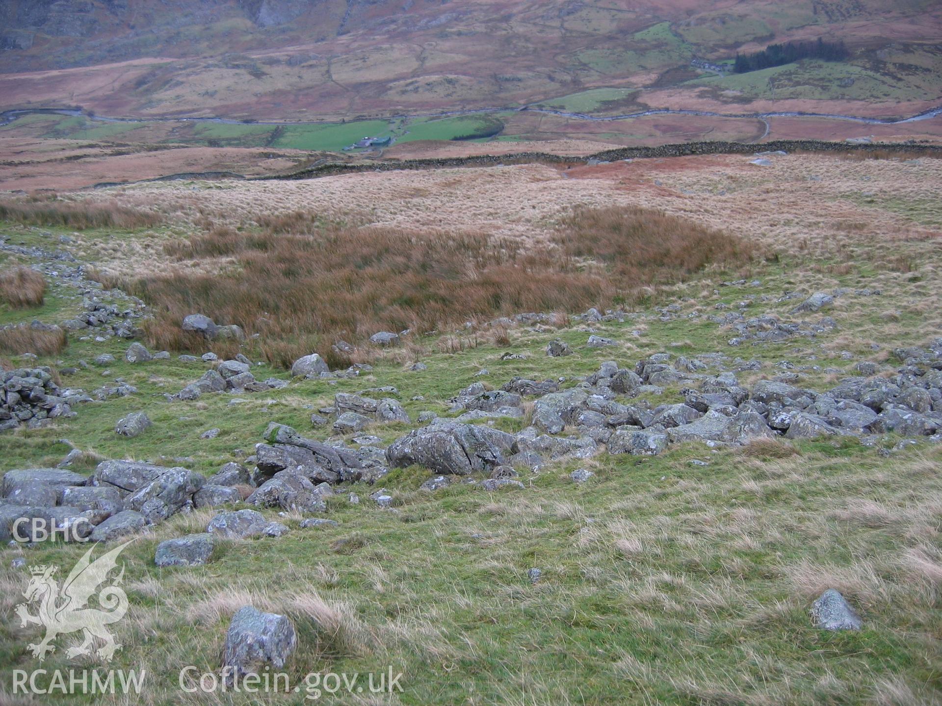 Photograph of Dyffryn Mymbyr Hut Circle Settlement II taken during Upland Survey by staff of EAS Contracts.