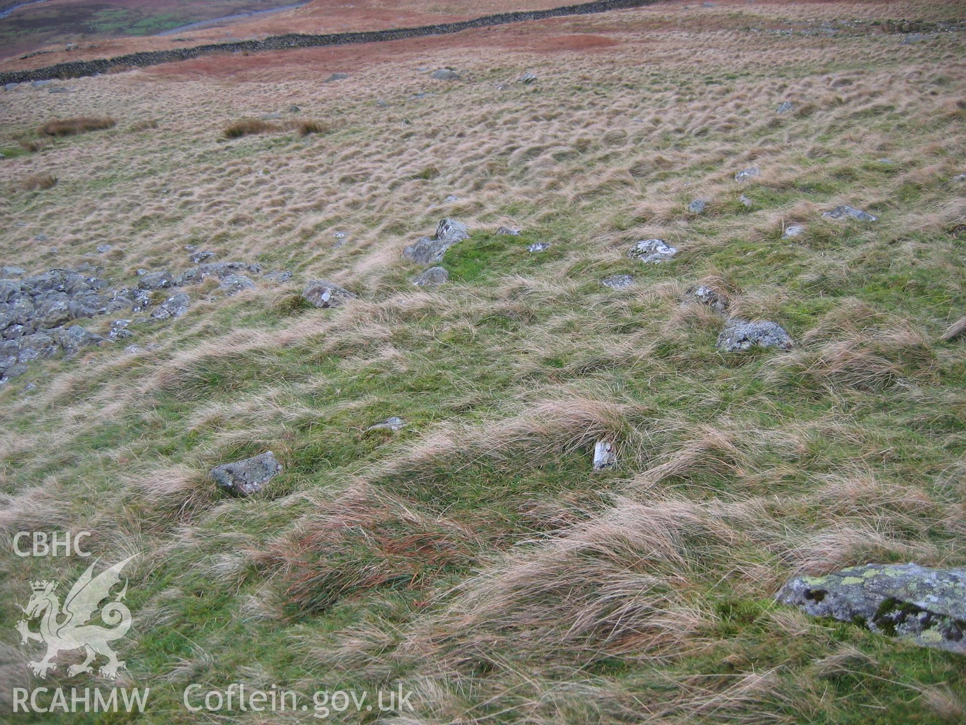 Photograph of Dyffryn Mymbyr Hut Circle Settlement II taken during Upland Survey by staff of EAS Contracts.