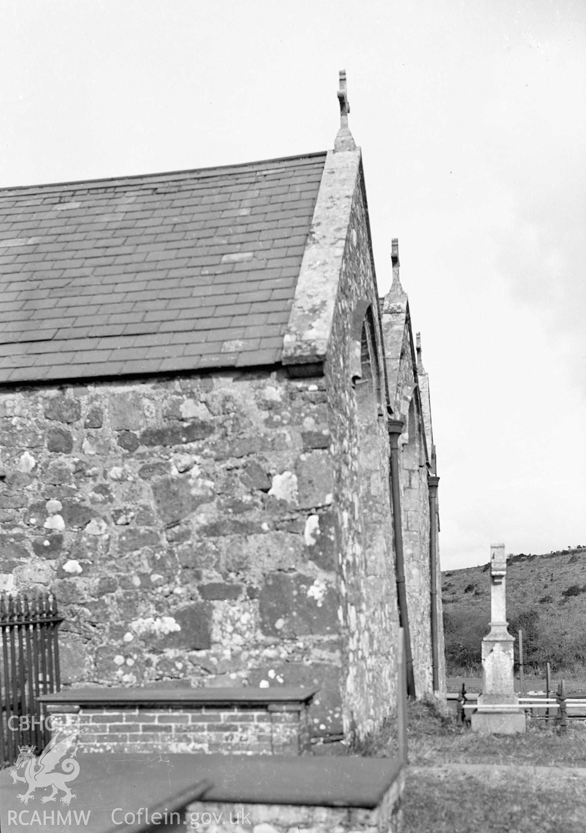 Black and white nitrate negative showing exterior view of Llangwnadl Church.