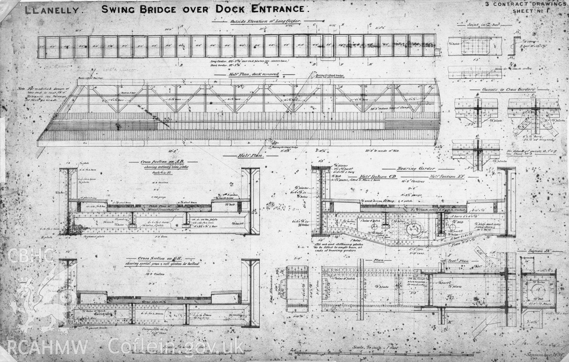 Black and white acetate negative showing plan of swing bridge over the dock entrance to Llanelli Harbour.