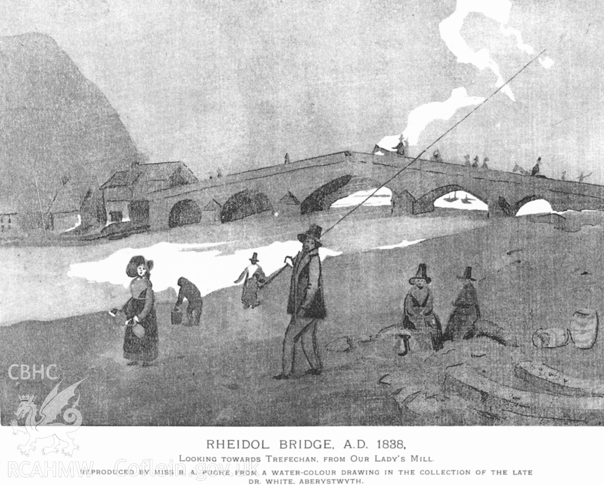 Black and white acetate negative showing an engraving of an early bridge over the Rheidol at Aberystwyth.