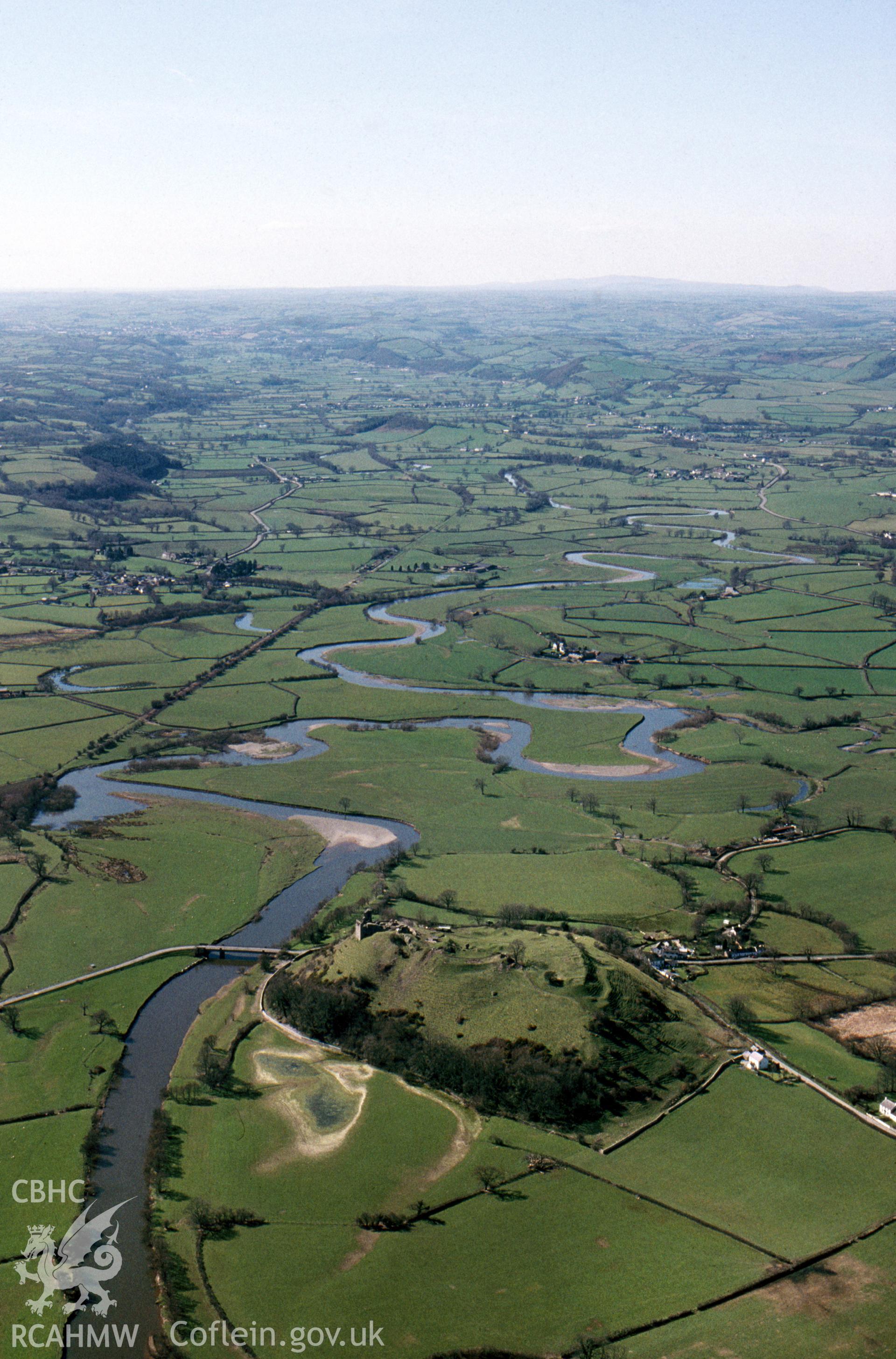 Slide of RCAHMW colour oblique aerial photograph of Dryslwyn, taken by C.R. Musson, 29/3/1995.