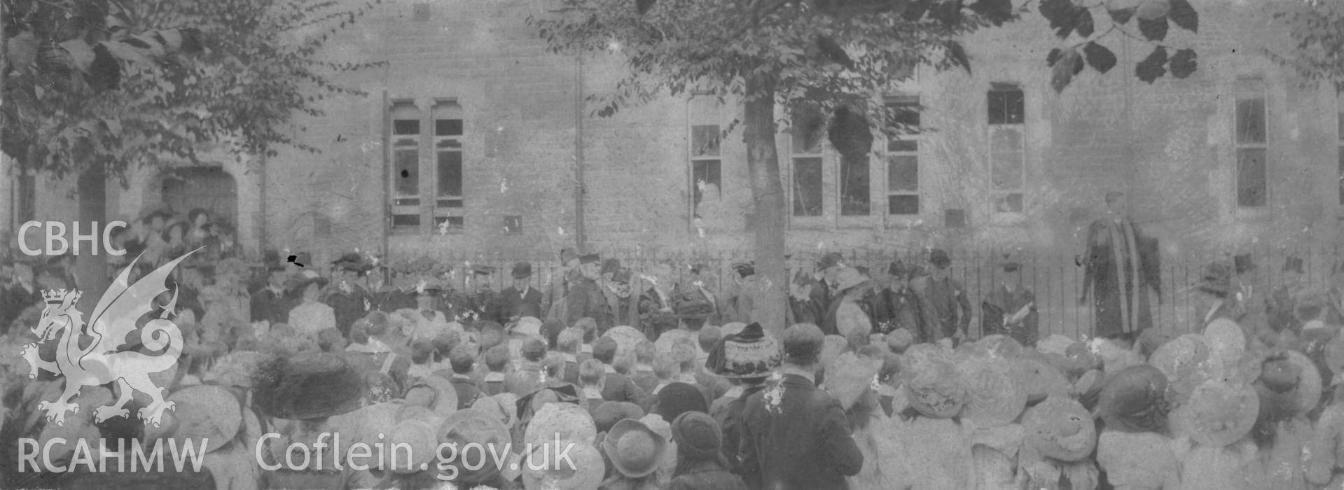 'Opening of Alexandra Road School 1910'.  Digitised from a photograph album showing views of Aberystwyth and District, produced by David John Saer, school teacher of Aberystwyth. Loaned for copying by Dr Alan Chamberlain.