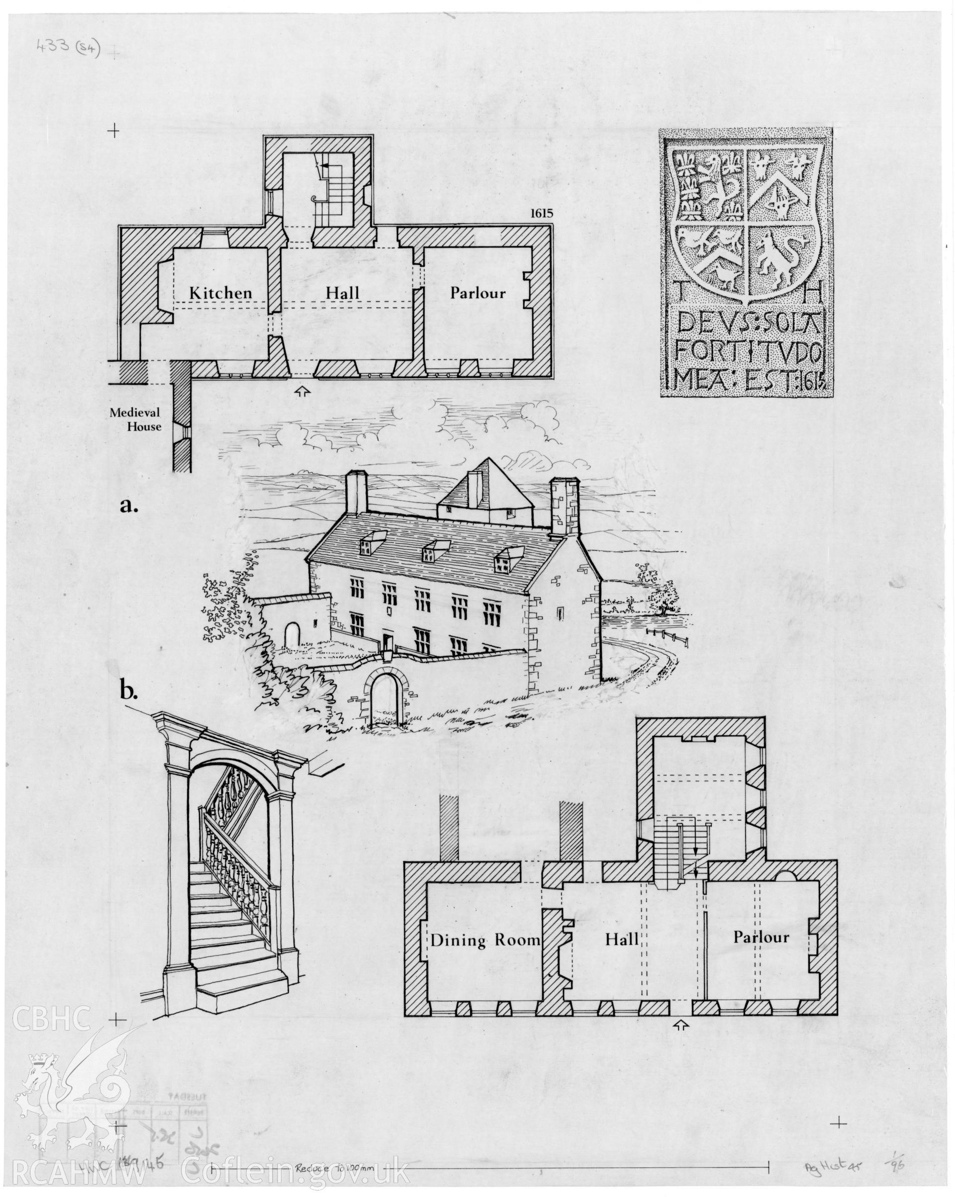 RCAHMW drawing (ink on linen) showing plan, detail and perspective elevation of (a) Plas Berw, Llanidan, and plan & staircase detail of (b) Henblas, Llangristiolus.  Published in Houses of the Welsh Countryside, fig 145.