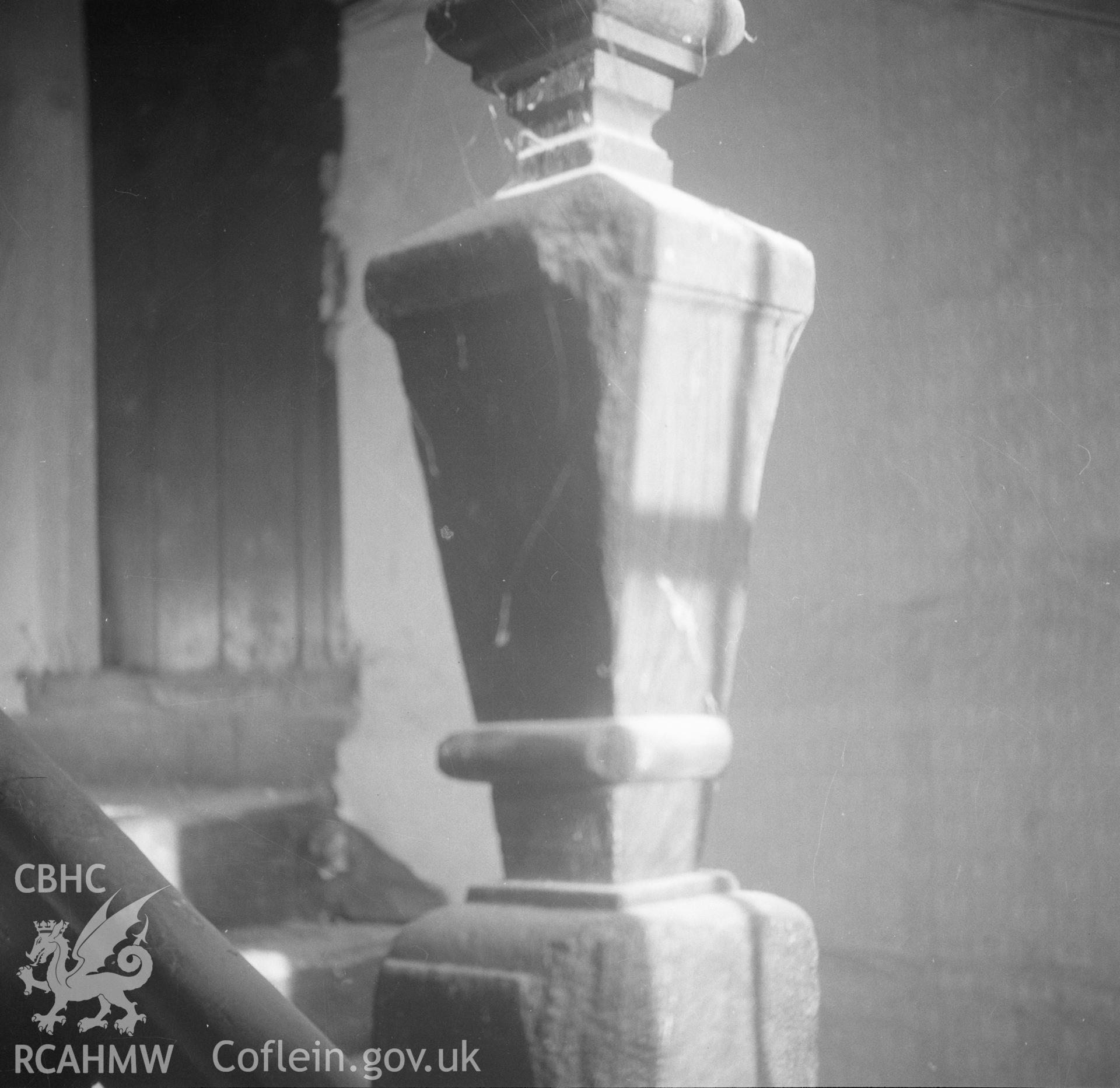 Black and white acetate negative showing interior detail of newel post, Trimley Hall, Llanfynydd.