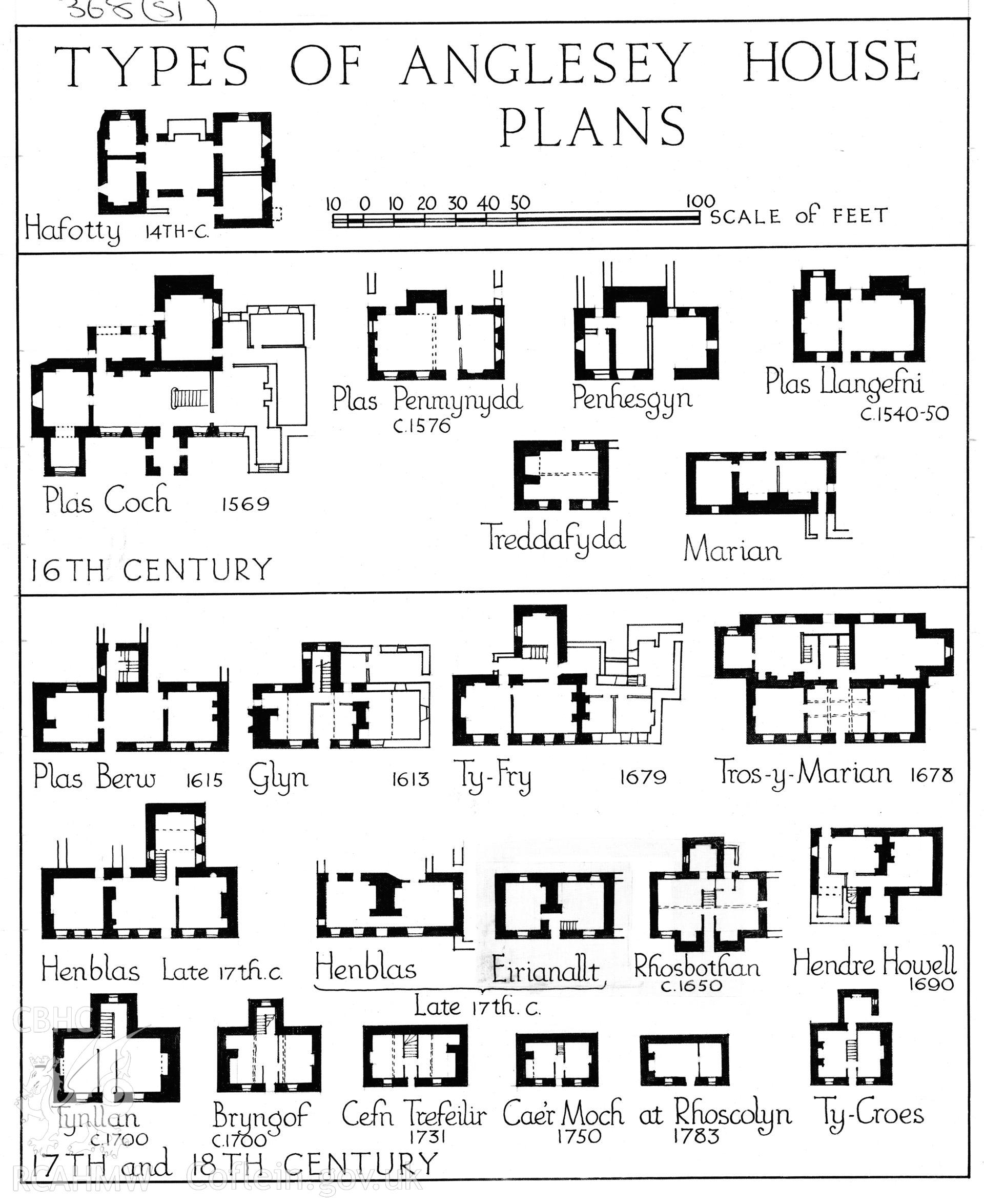 Multi-site RCAHMW drawing, 21 sites, (ink on linen) showing 16th, 17th & 18th century house plans in Anglesey.