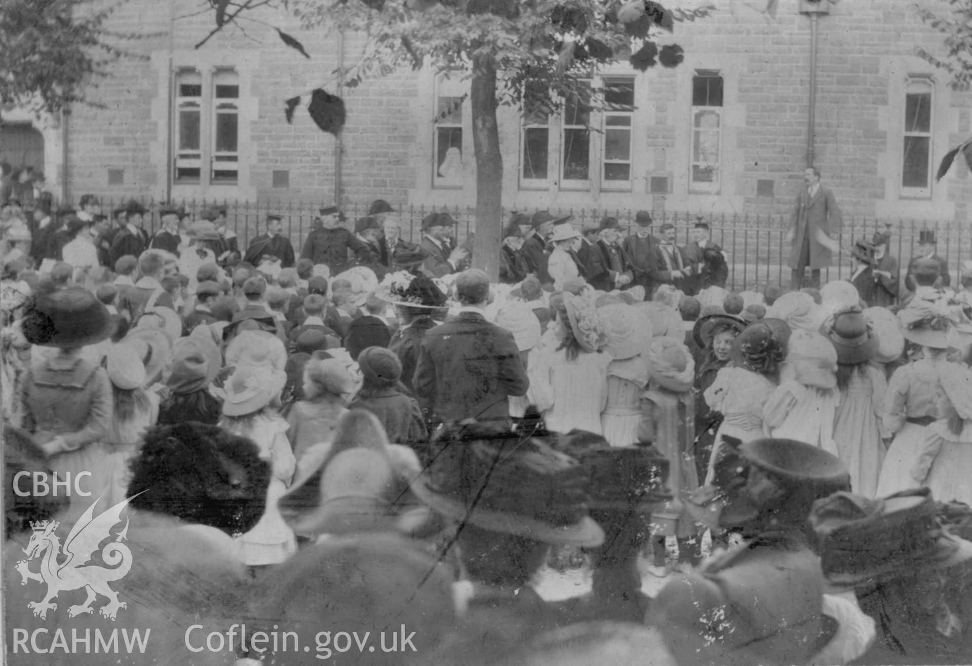 'Mr Alfred Davies at school opening 1910'. Digitised from a photograph album showing views of Aberystwyth and District, produced by David John Saer, school teacher of Aberystwyth. Loaned for copying by Dr Alan Chamberlain.