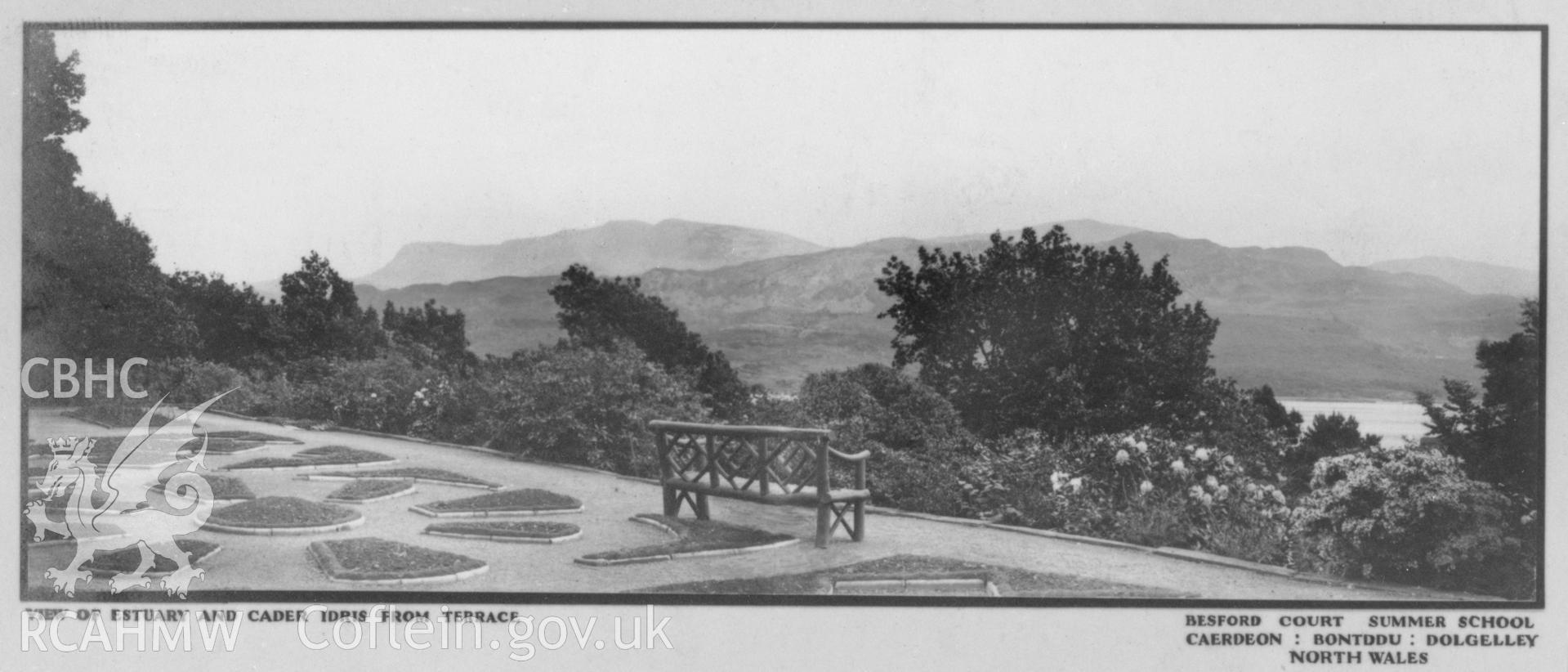 Black and white print of the view from the terrace at Caerdeon Hall, Barmouth, copied from an original postcard in the possession of Thomas Lloyd.