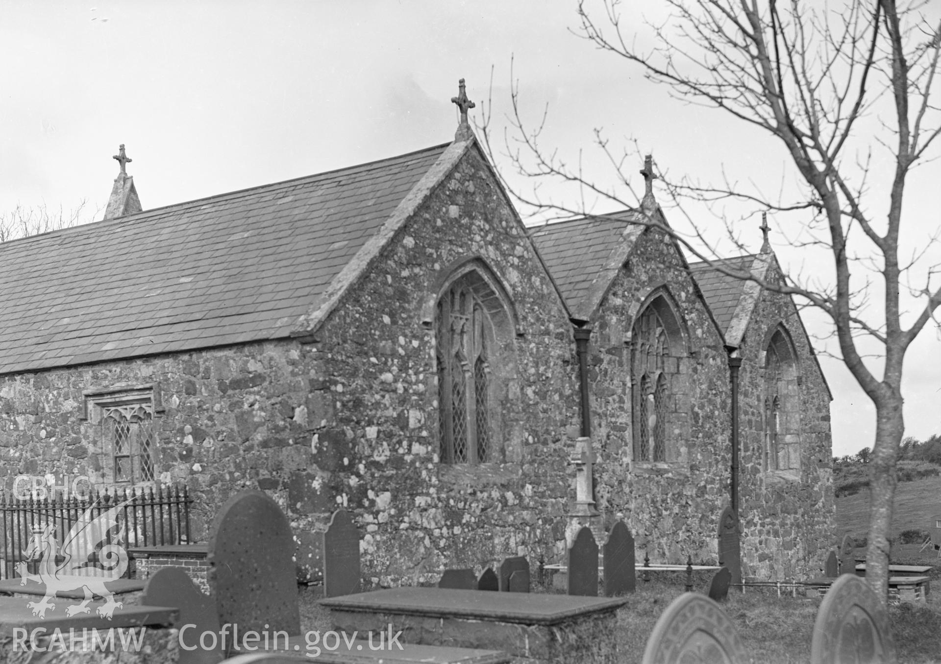 Black and white nitrate negative showing exterior view of Llangwnadl Church.