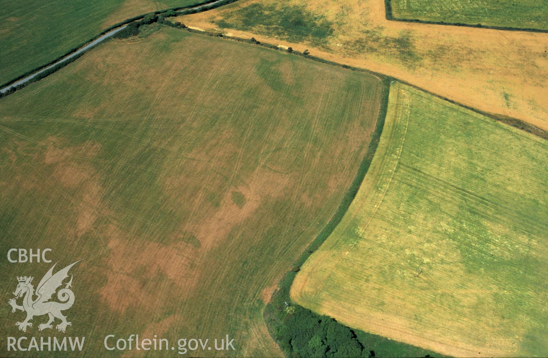 RCAHMW colour slide oblique aerial photograph of cropmark features NE of Dryslwyn, Nevern, taken by C.R.Musson on the 25/07/1996