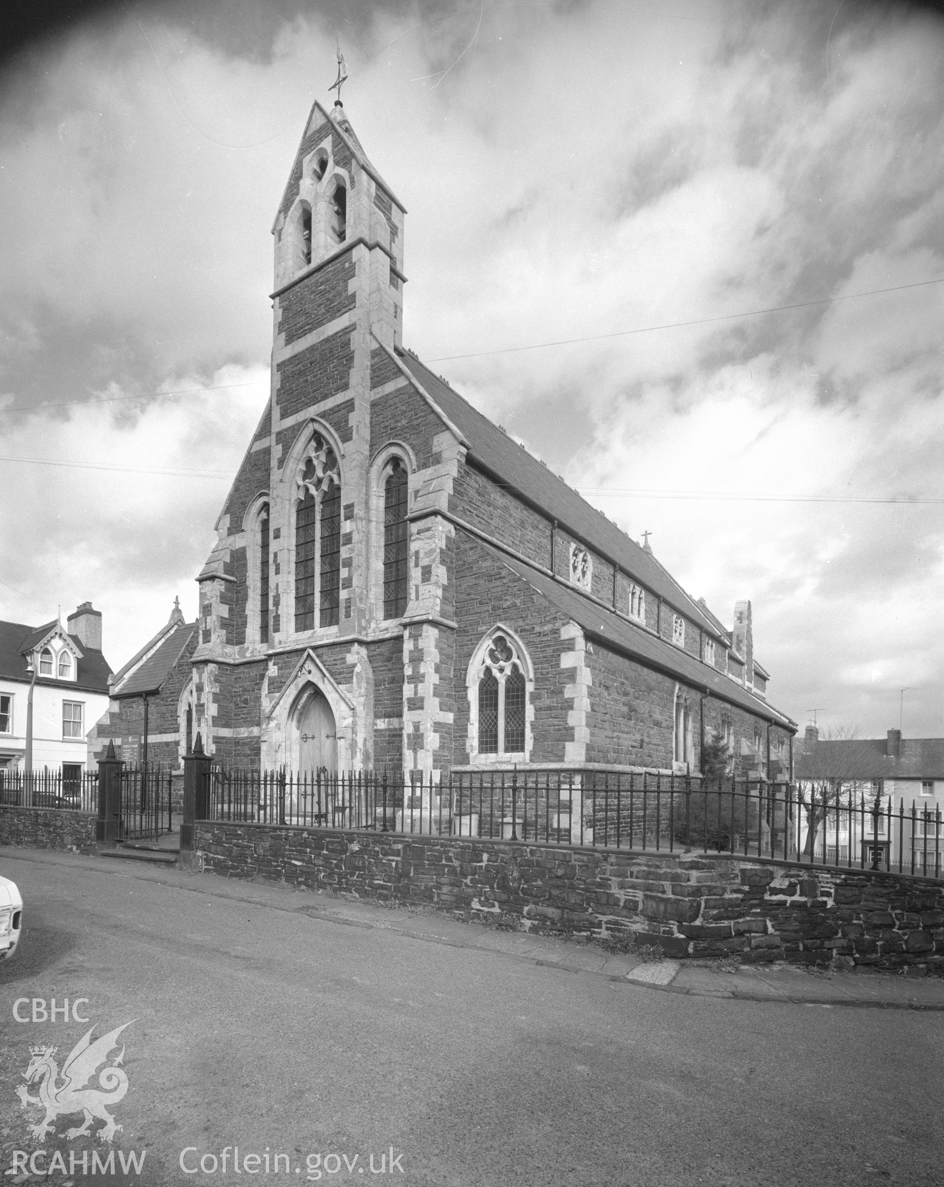 Black and white acetate negative showing St Mary's Church, Aberystwyth.