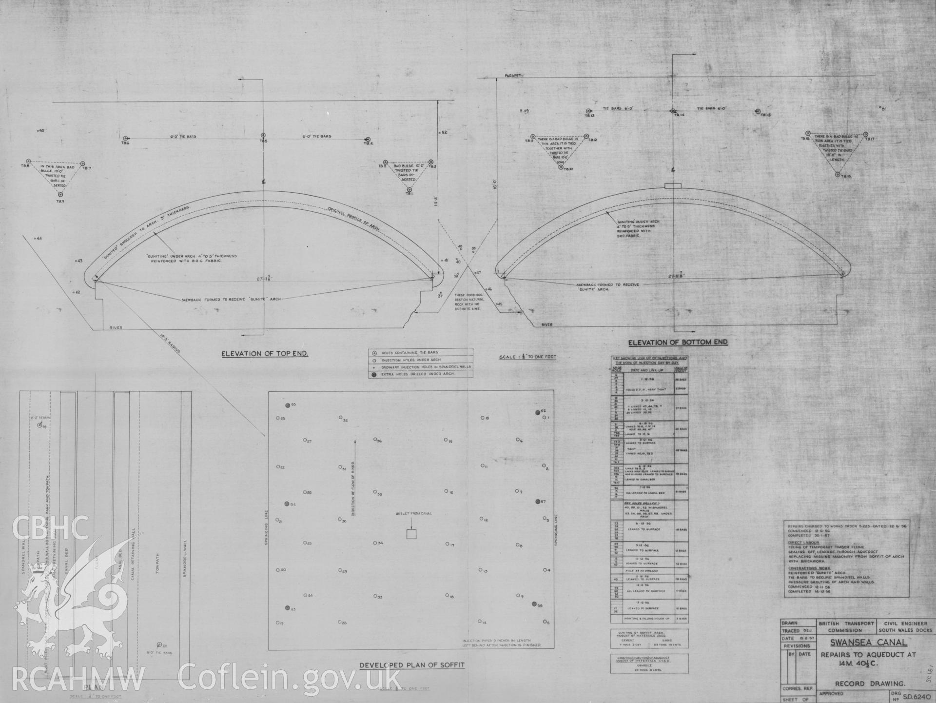 Dyeline copy  of measured drawings of the Afon Giedd Aqueduct, comprising plans and elevation views, produced by British Transport Commission