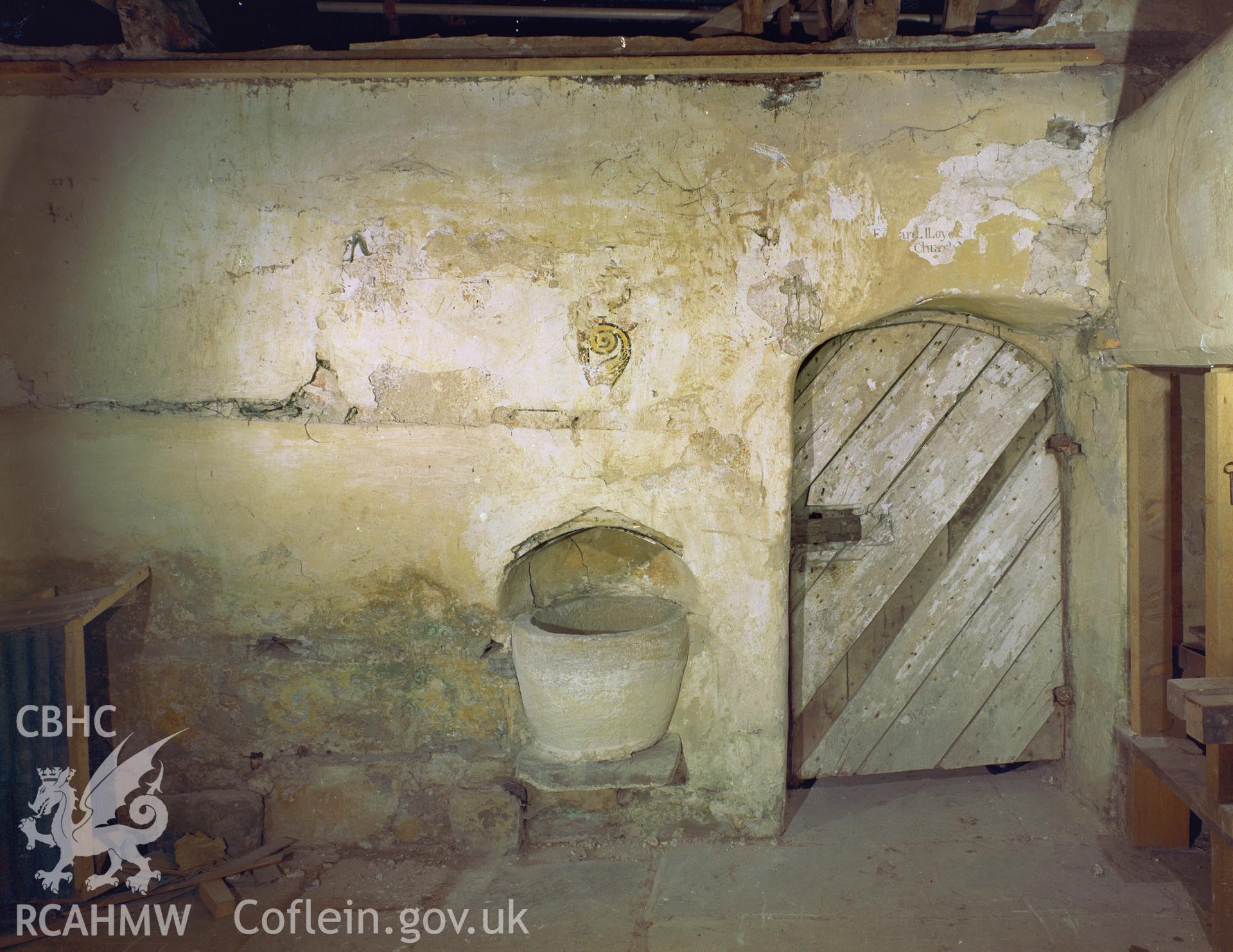 Colour negative showing interior view of Old Llangors Church.