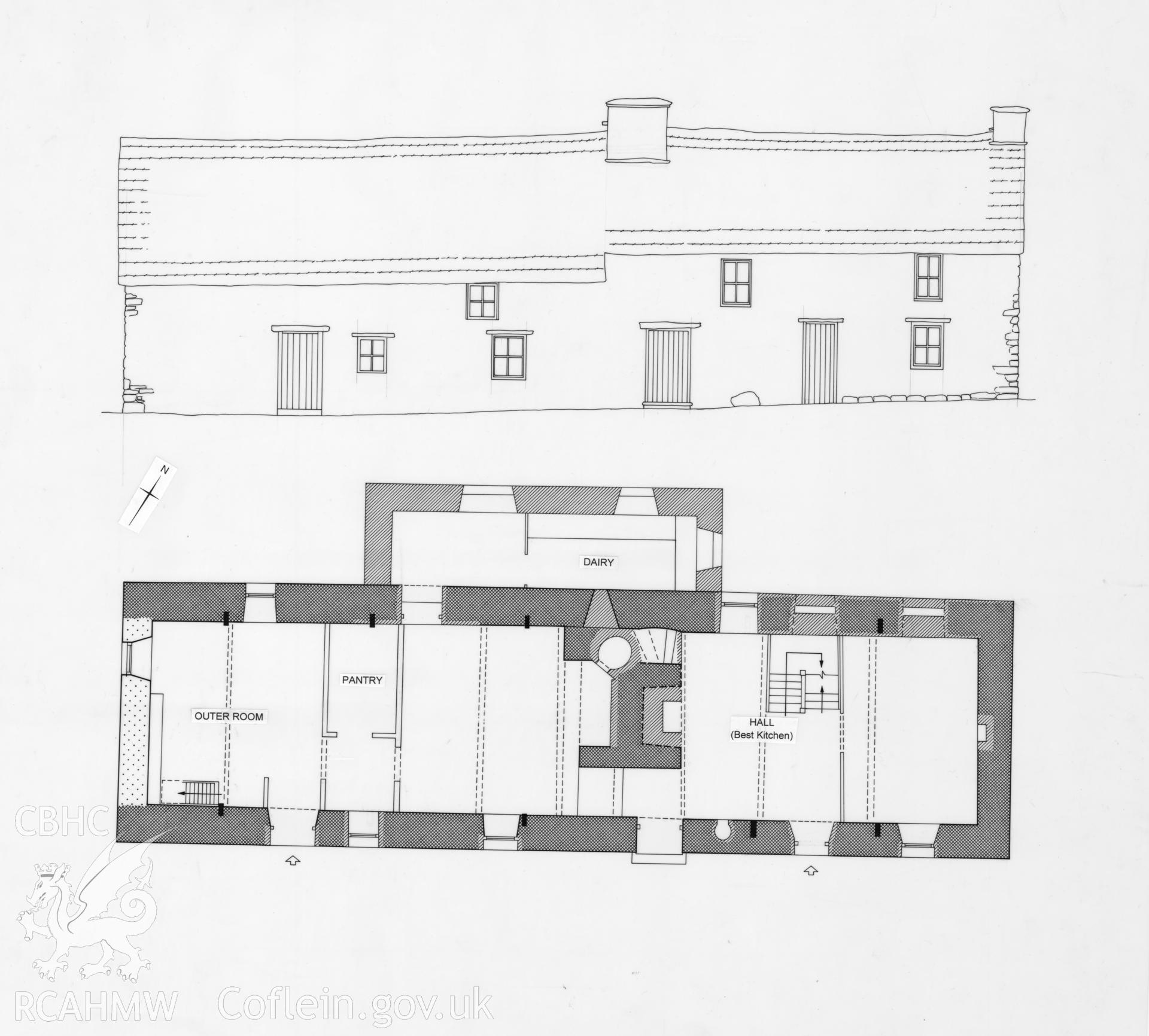 Provisional measured line drawings showing plan and elevation of Gwastad Gwrda, produced by Charles Green, RCAHMW.