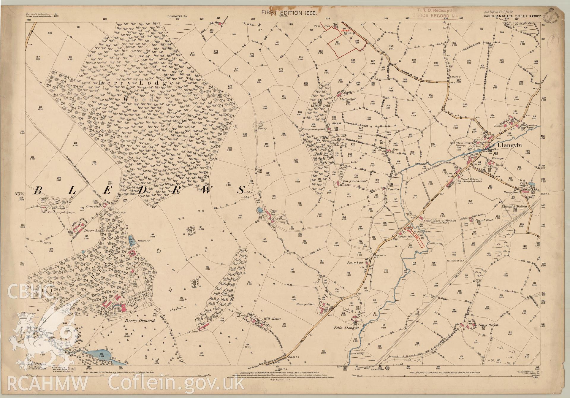 Digitised copy of an Ordnance Survey 25" 1888 original drawn master copy second edition map CD.XL.VII.I, showing the Llangybi area.