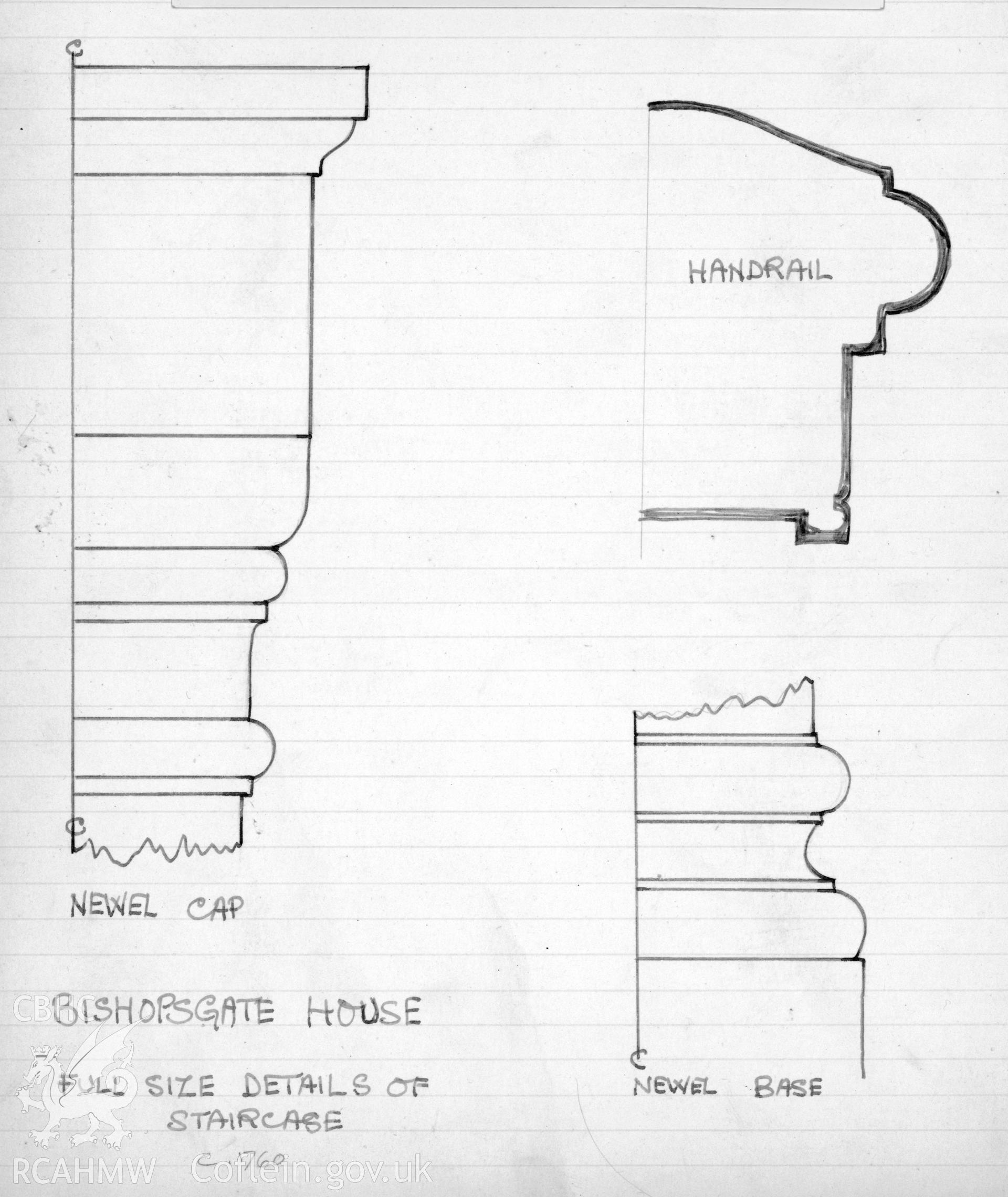 Ink drawing showing  full-size detail of the c1760 staircase.