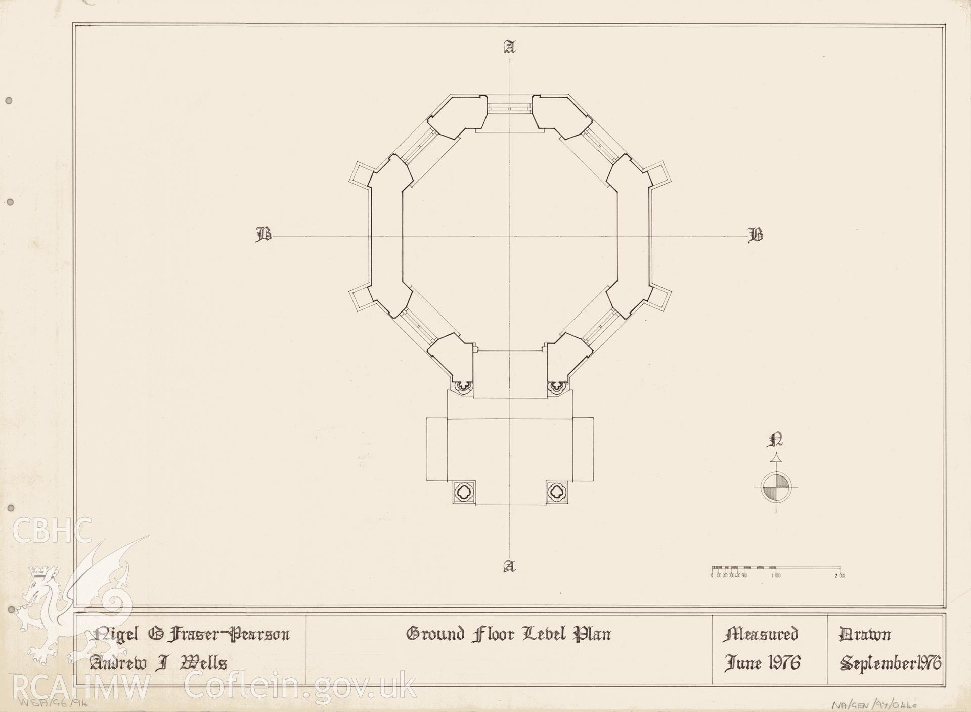 Measured drawing showing ground floor plan of the summerhouse in the grounds of Rookwood Hospital, Llandaff, produced by Nigel G. Fraser-Pearson and Andrew J. Wells, September 1976.