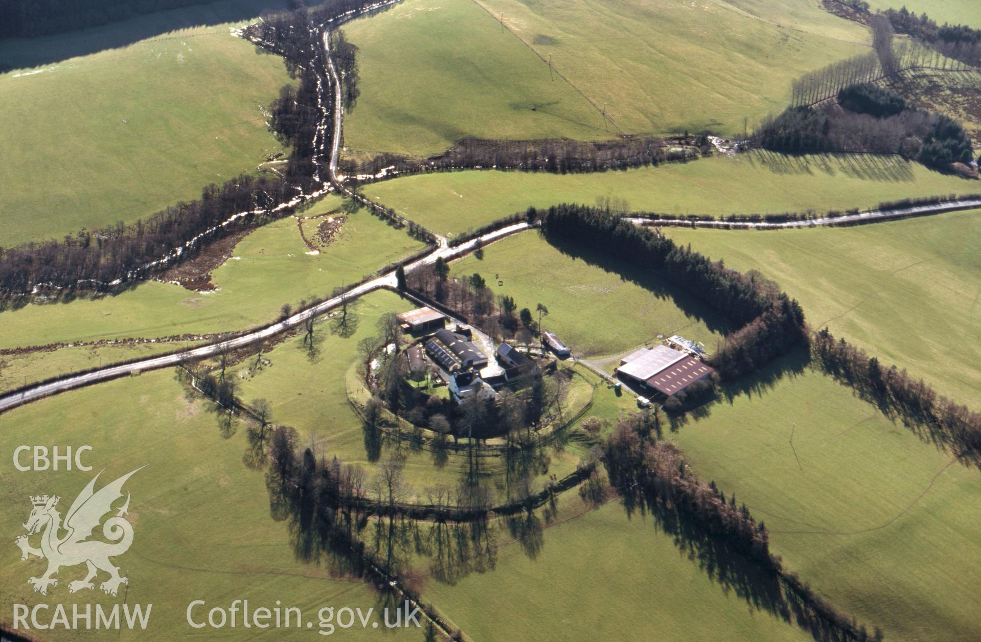 Slide of RCAHMW colour oblique aerial photograph of Colwyn Castle taken by T.G. Driver, 16/2/2001.