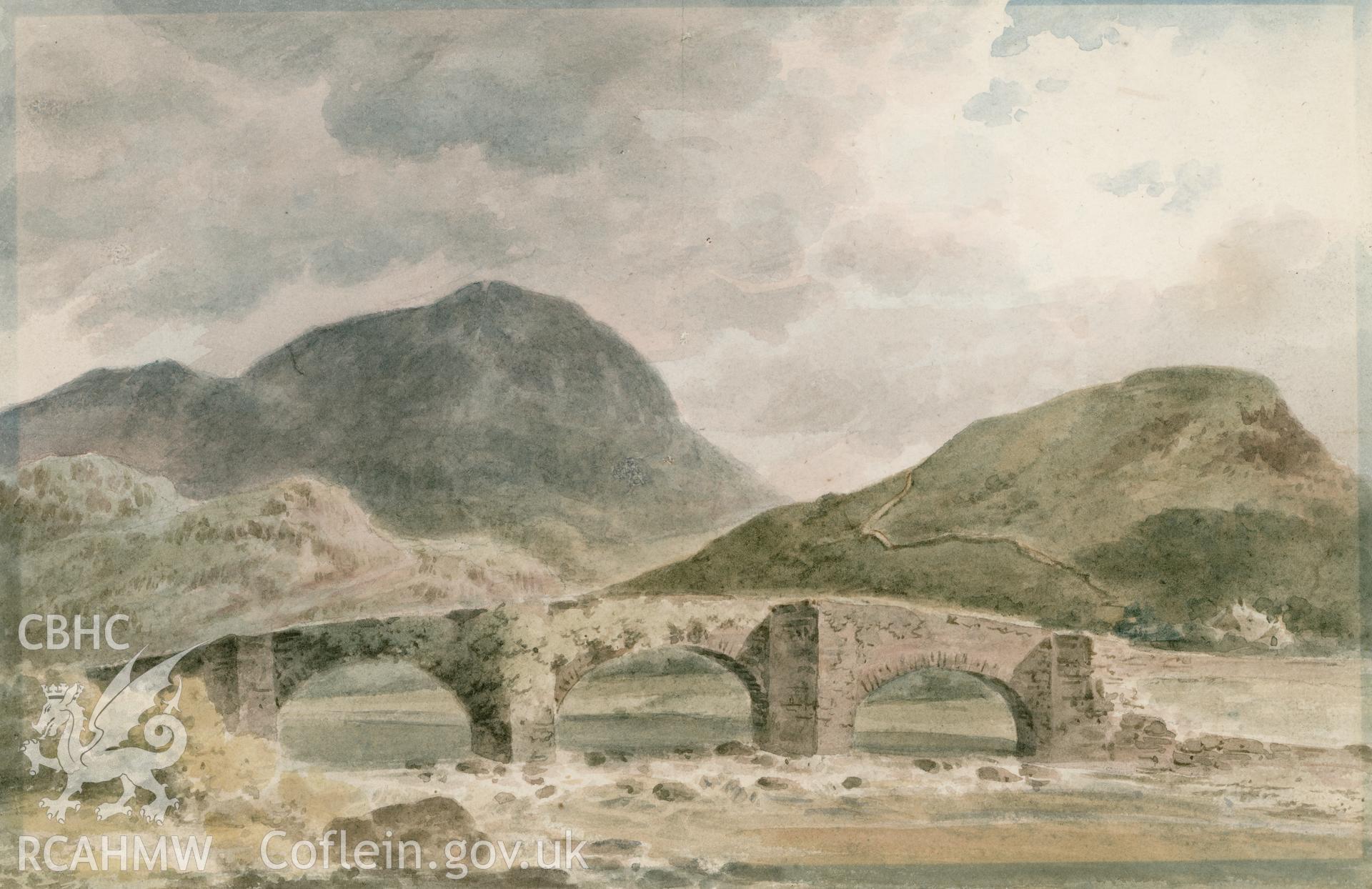 Digital copy of a watercolour showing Pont Dol y Moch, anon. 1799. The inscription on the reverse of the painting reads: 'Pont Rhydwrwri / Vale of Festiniog - July 14 1799'.