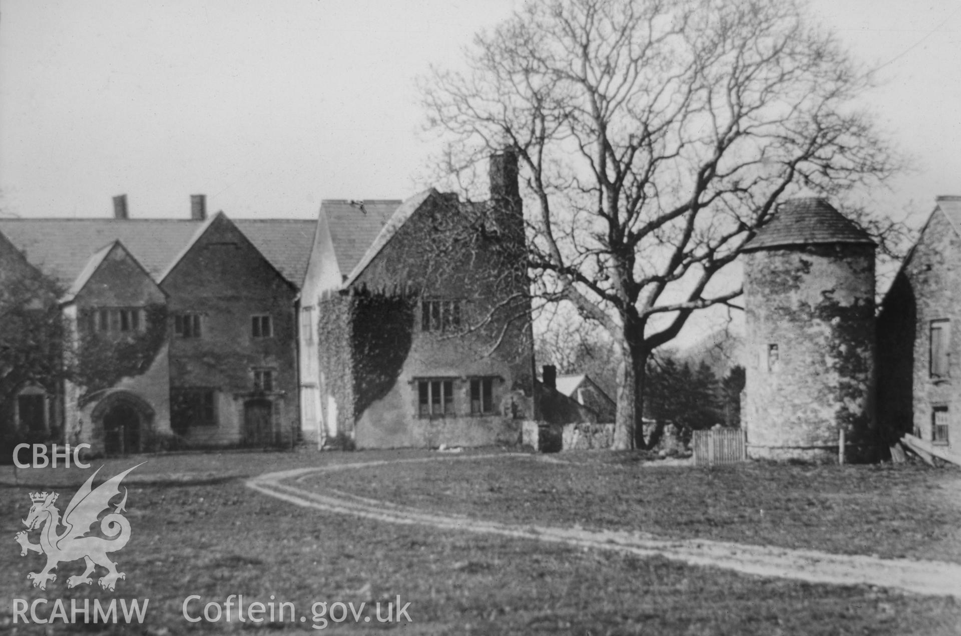 Copy transparency of black and white photograph, exterior of Old Gwernyfed. From an original held at Brecon Museum, undated.