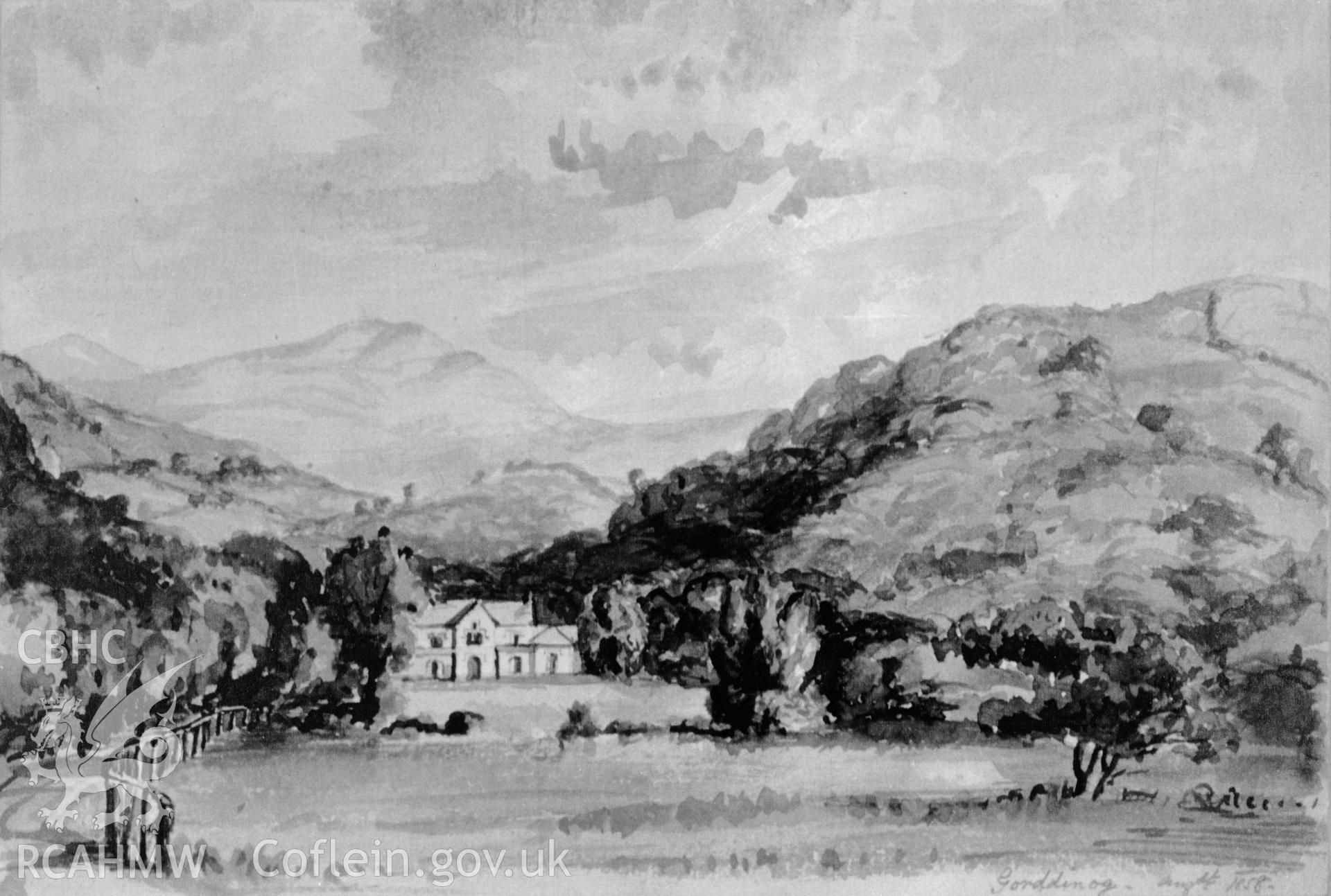 Gorddinog, Llanfairfechan; B&W print copied from a painting loaned by Thomas Lloyd. Copy negative held.