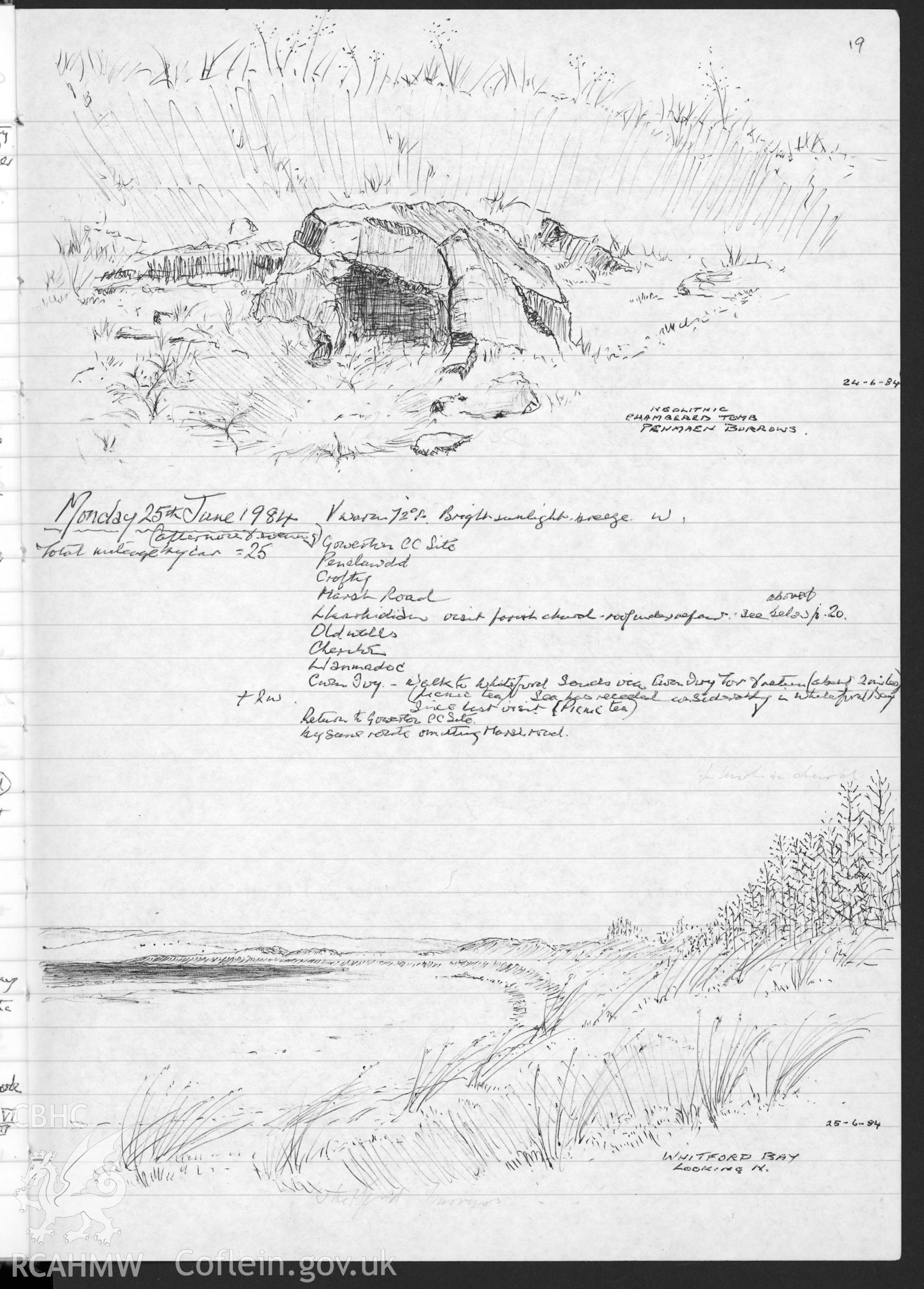 Page from a notebook featuring illustrations by R.E. Kay showing Whitford Bay and a neolithic chambered tomb at Penmaen Burrows. As featured on p19 of R.E. Kay Notebook Series IV, Vol VII.