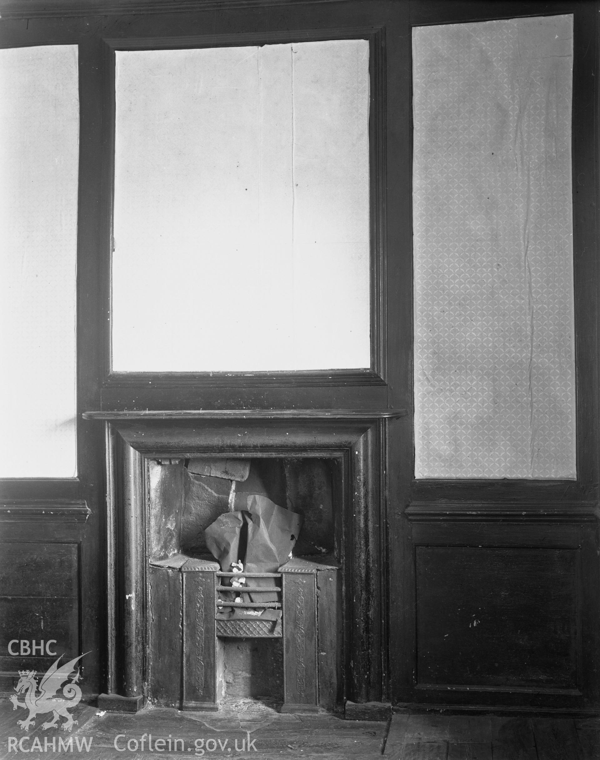 Interior view of Maenan Abbey showing 18th century fireplace taken 02.07.1950.