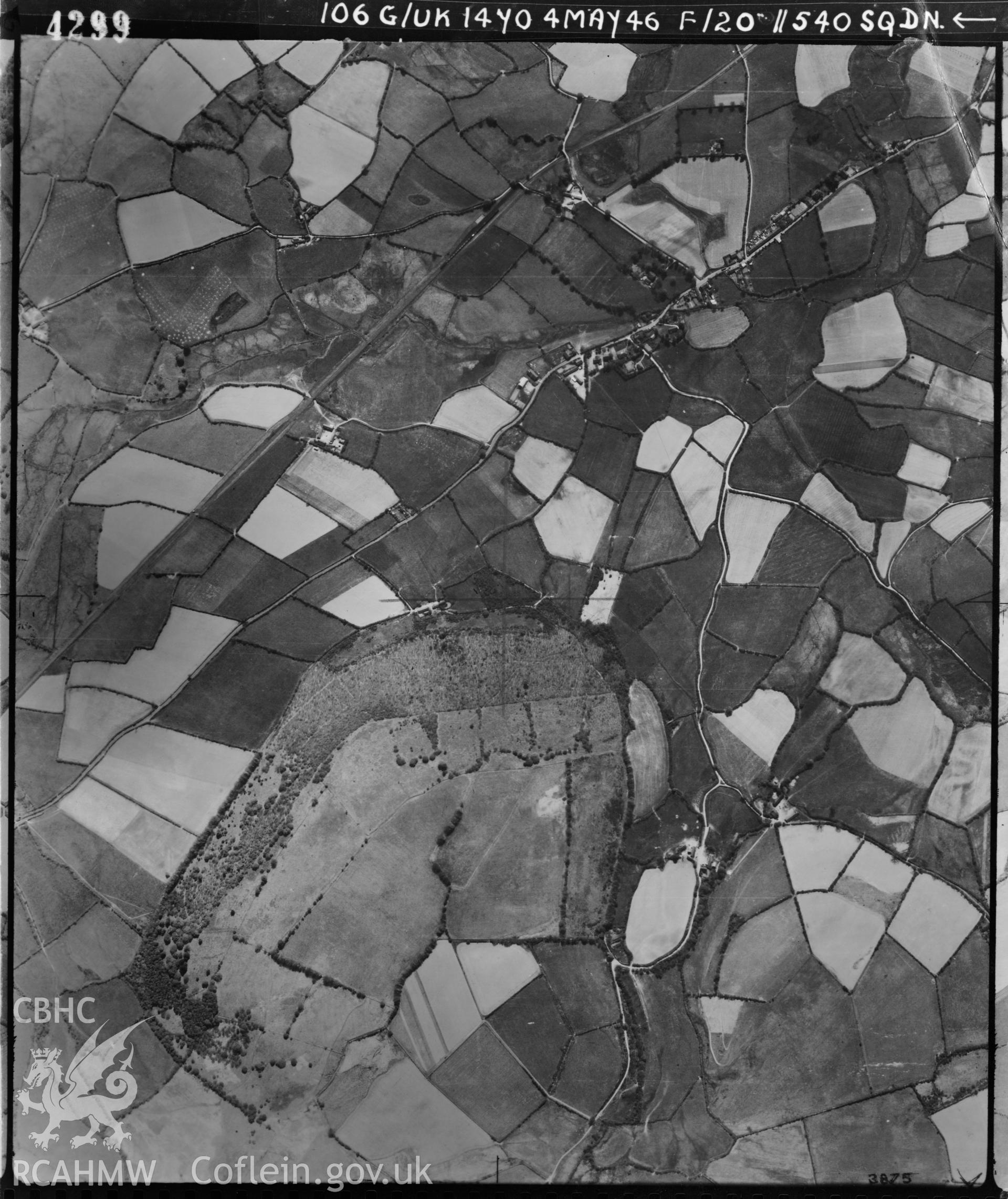 Black and white vertical aerial photograph taken by the RAF on 04/05/1946 centred on SN60935371 at a scale of 1:10000. The photograph includes part of Llangybi community in Ceredigion.