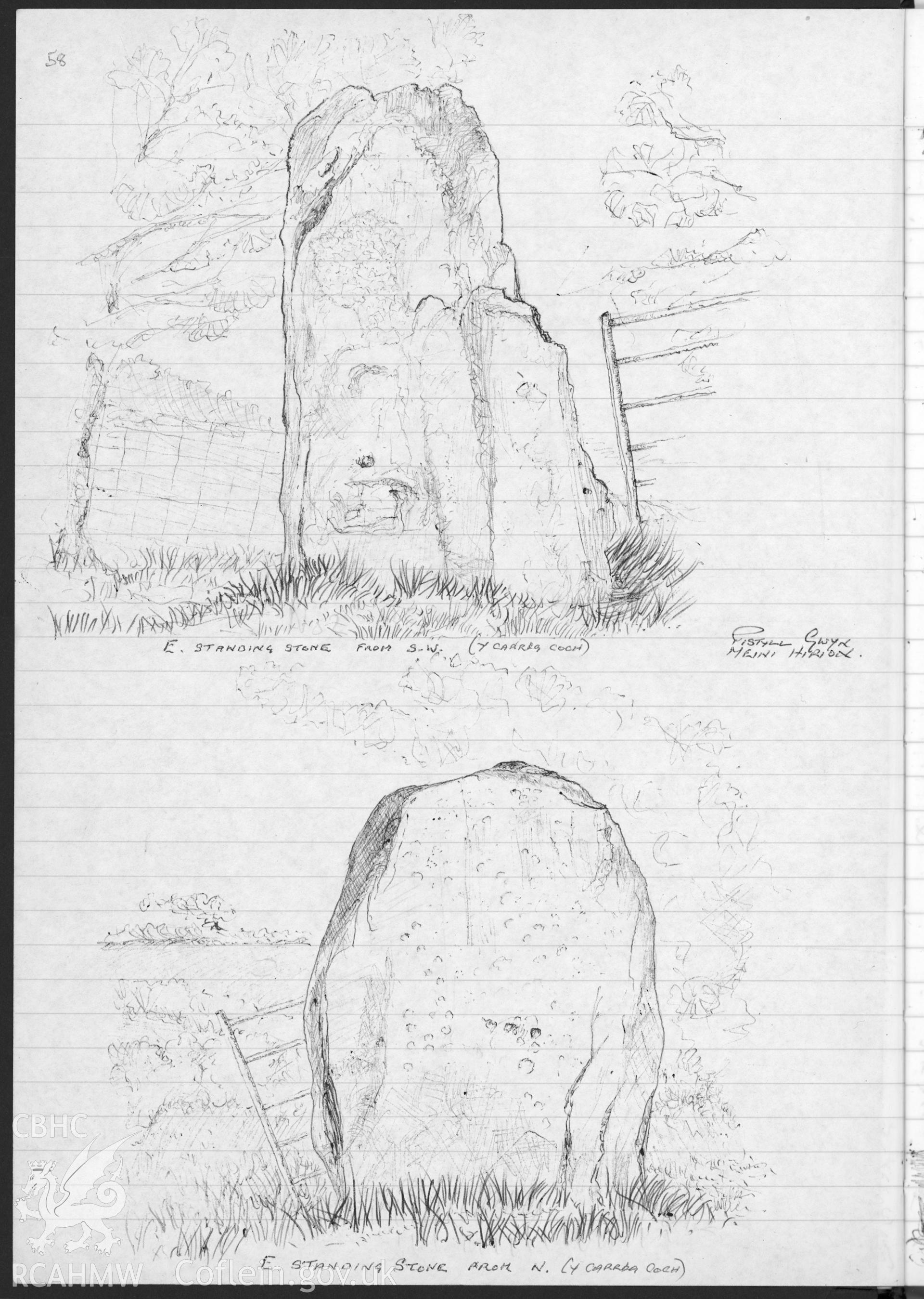 Page from a notebook featuring illustrations by R.E. Kay showing Meini Hirion at Pistyll Gwyn. As featured on p58 of R.E. Kay Notebook Series IV, Vol VII.