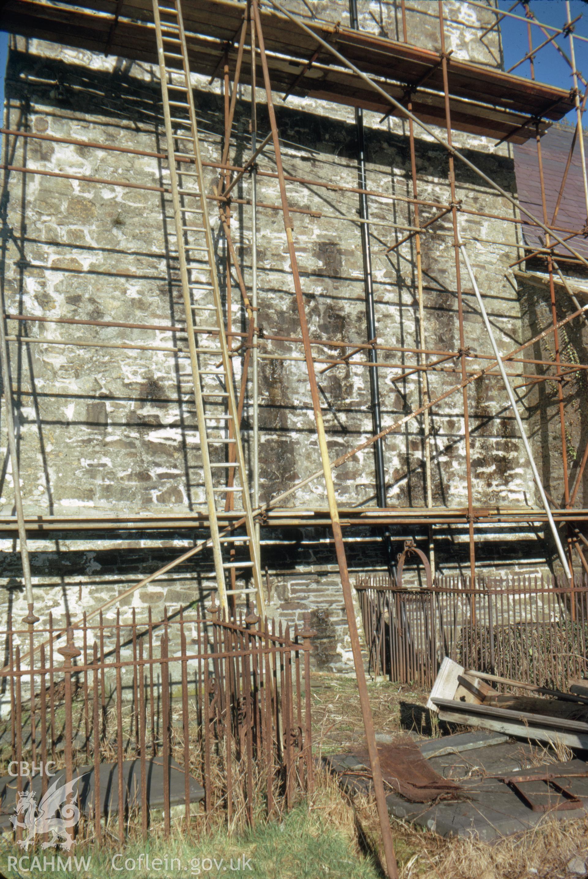 Colour slide showing exterior view of Llandysul Church with scaffolding.