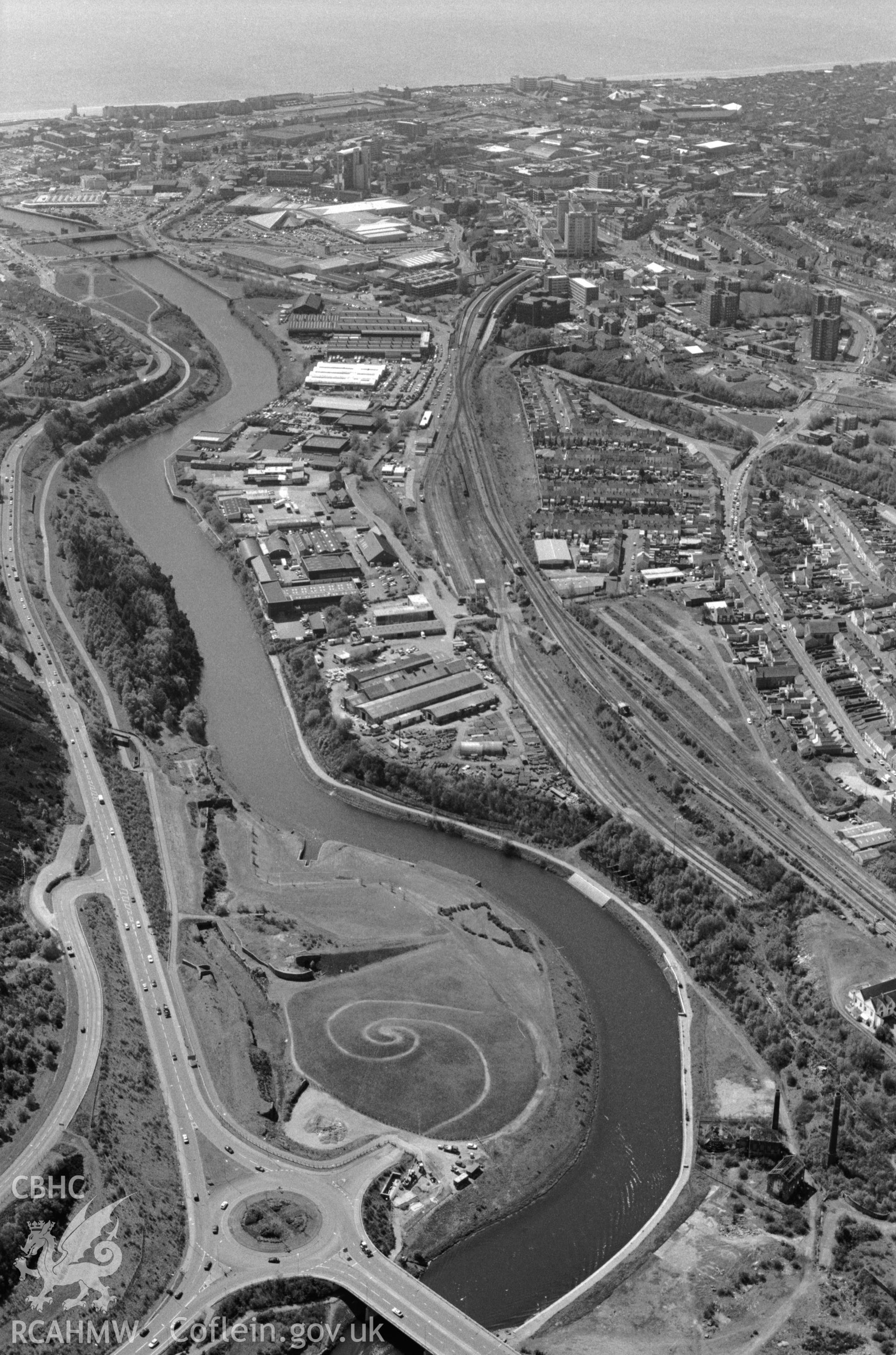 RCAHMW Black and white oblique aerial photograph of Hafod Copperworks  by Toby Driver, 1998.