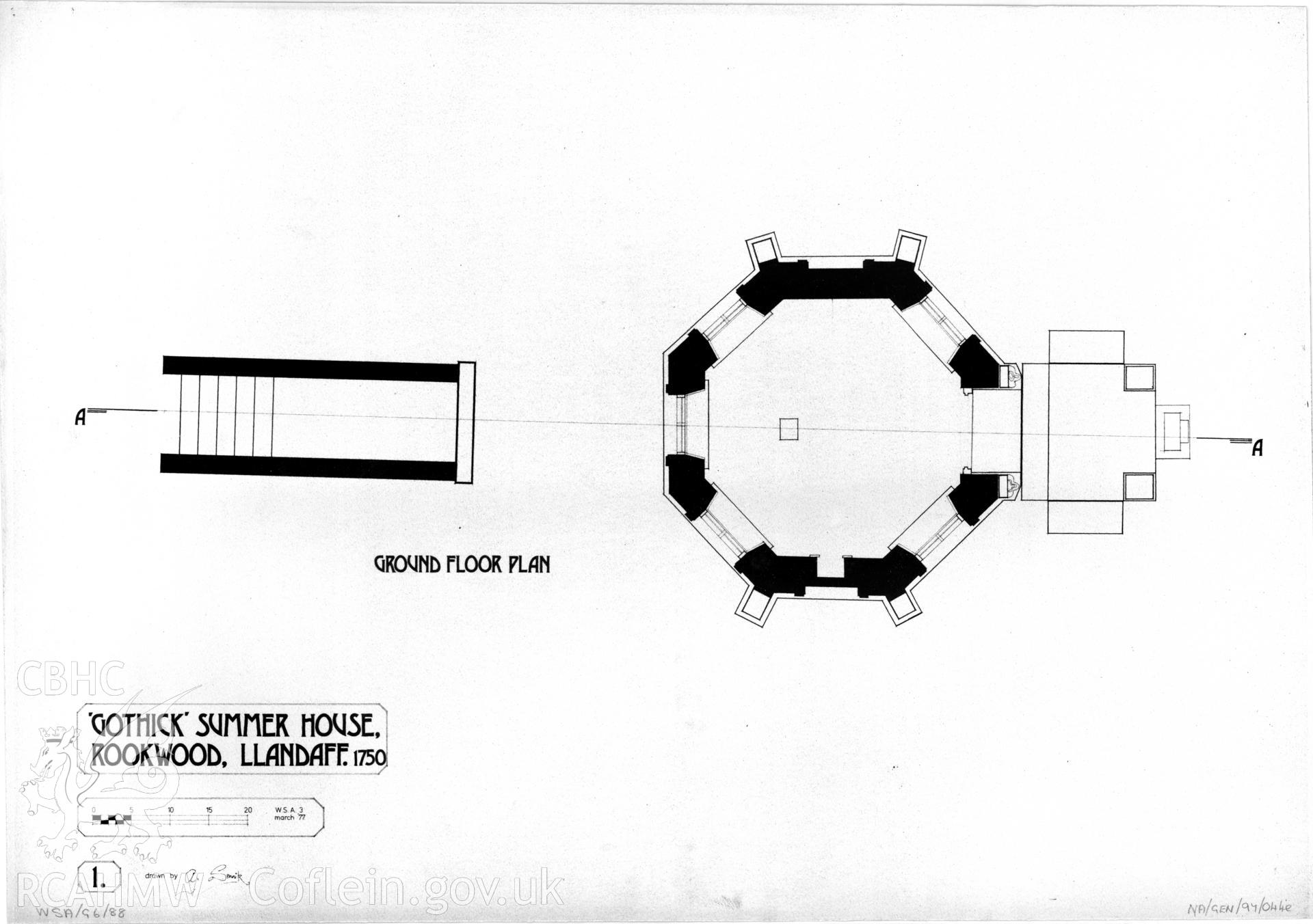 Measured drawing showing ground floor plan of the summerhouse in the grounds of Rookwood Hospital, Llandaff, produced by A. Sennik, March 1977.