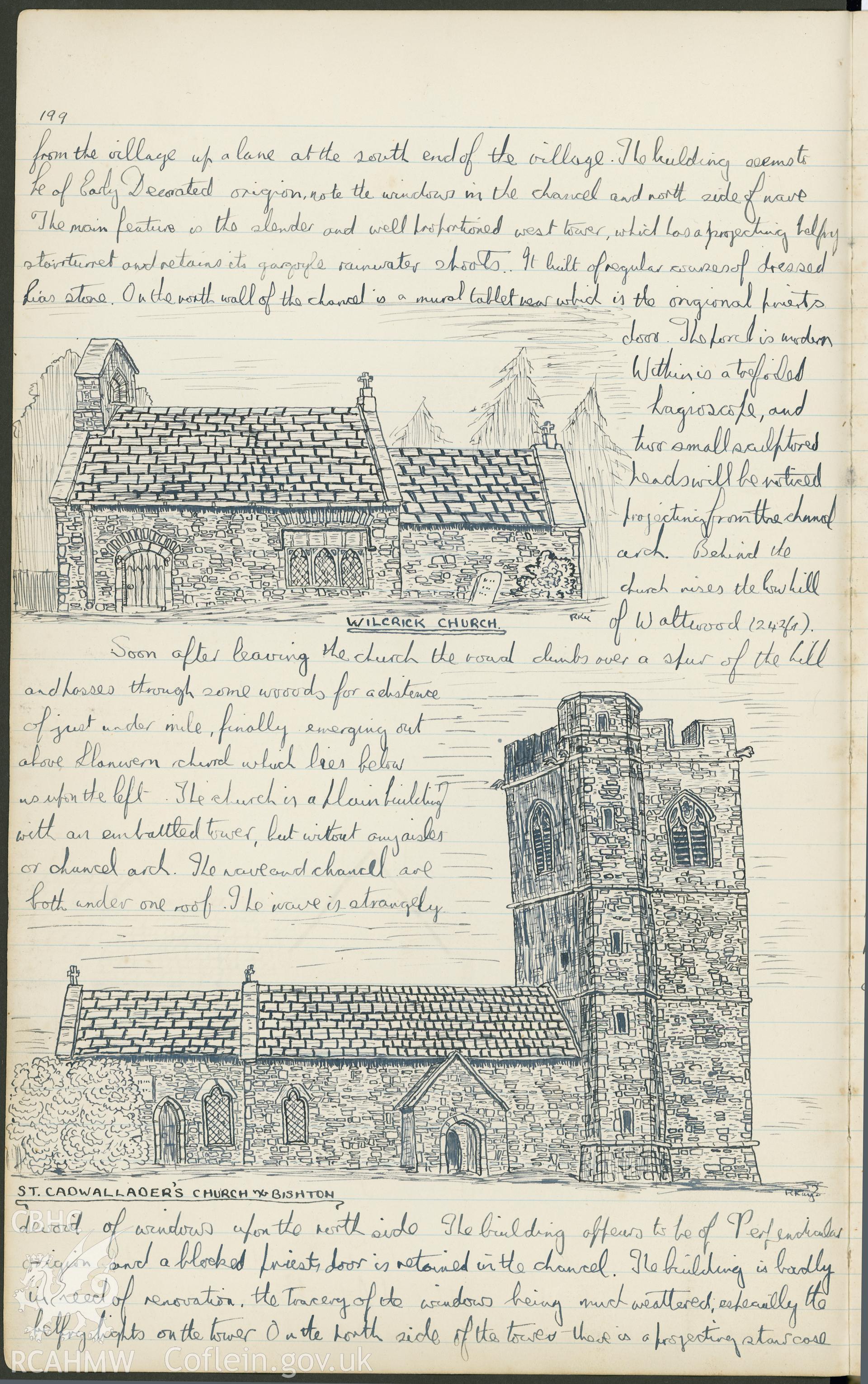 Page from a notebook featuring illustrations by R.E. Kay showing Wilcrick Church and Bishton Church. As featured on p199 of R.E. Kay Notebook Series I, Vol II.