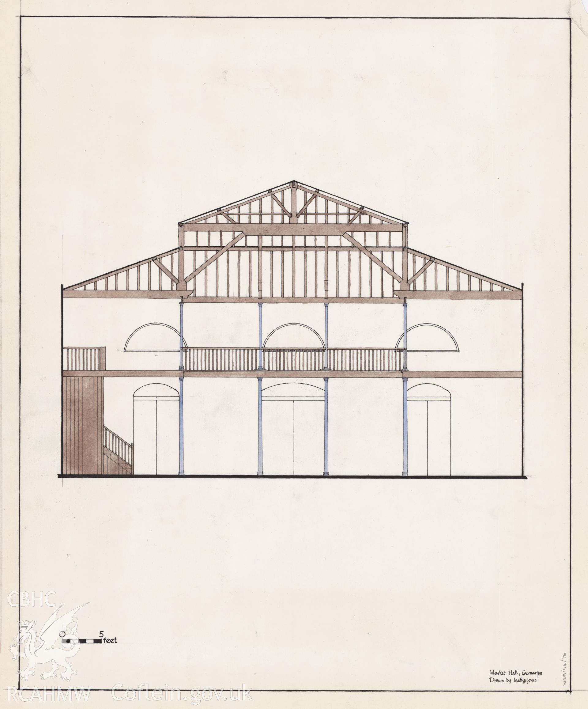 Measured drawing showing transverse section view of Market Hall, Caernarfon, produced by Ian Prys Jones, July 1968.