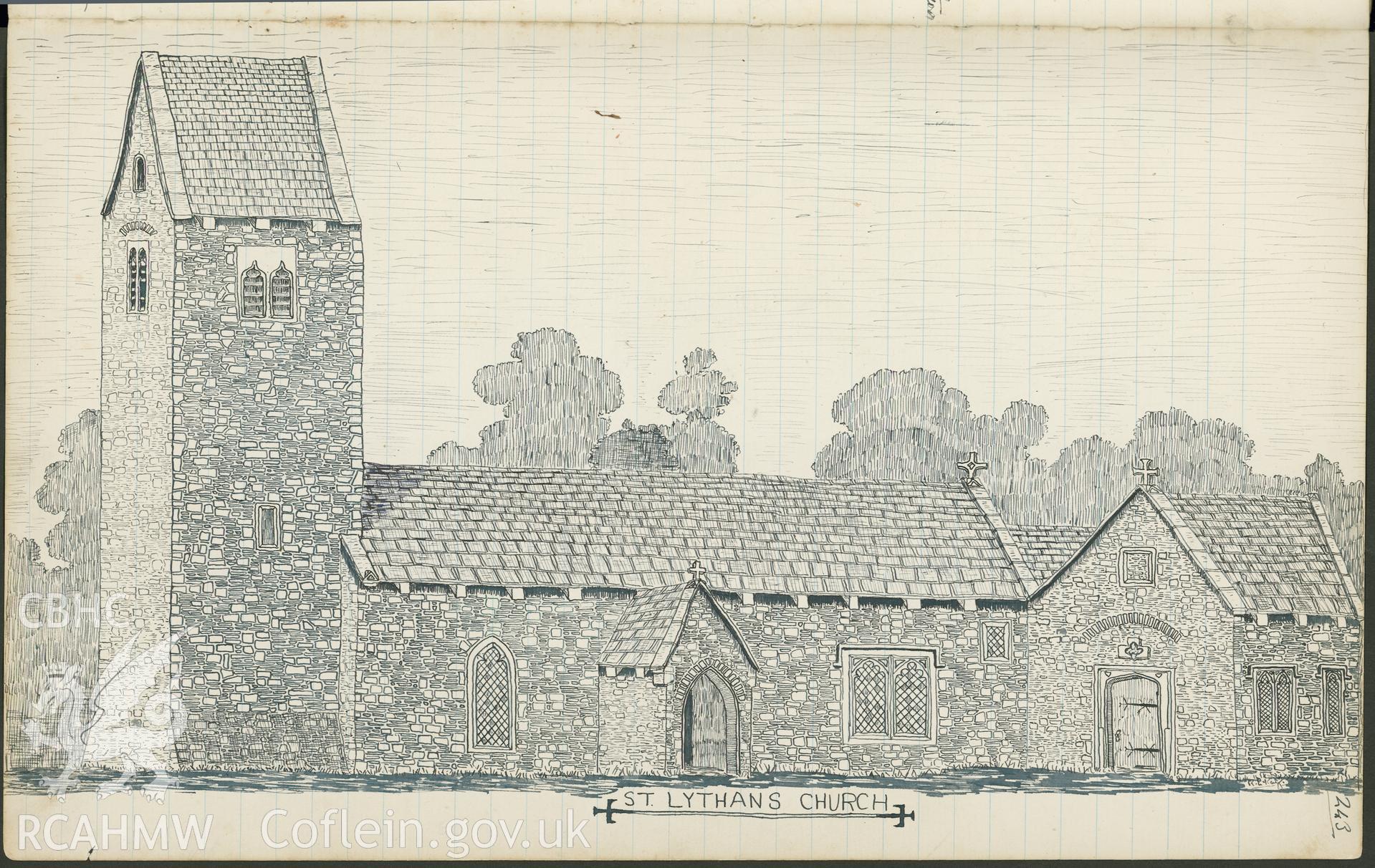 Page from a notebook featuring an illustration by R.E. Kay showing St Lythan's Church. As featured on p243 of R.E. Kay Notebook Series I, Vol II.