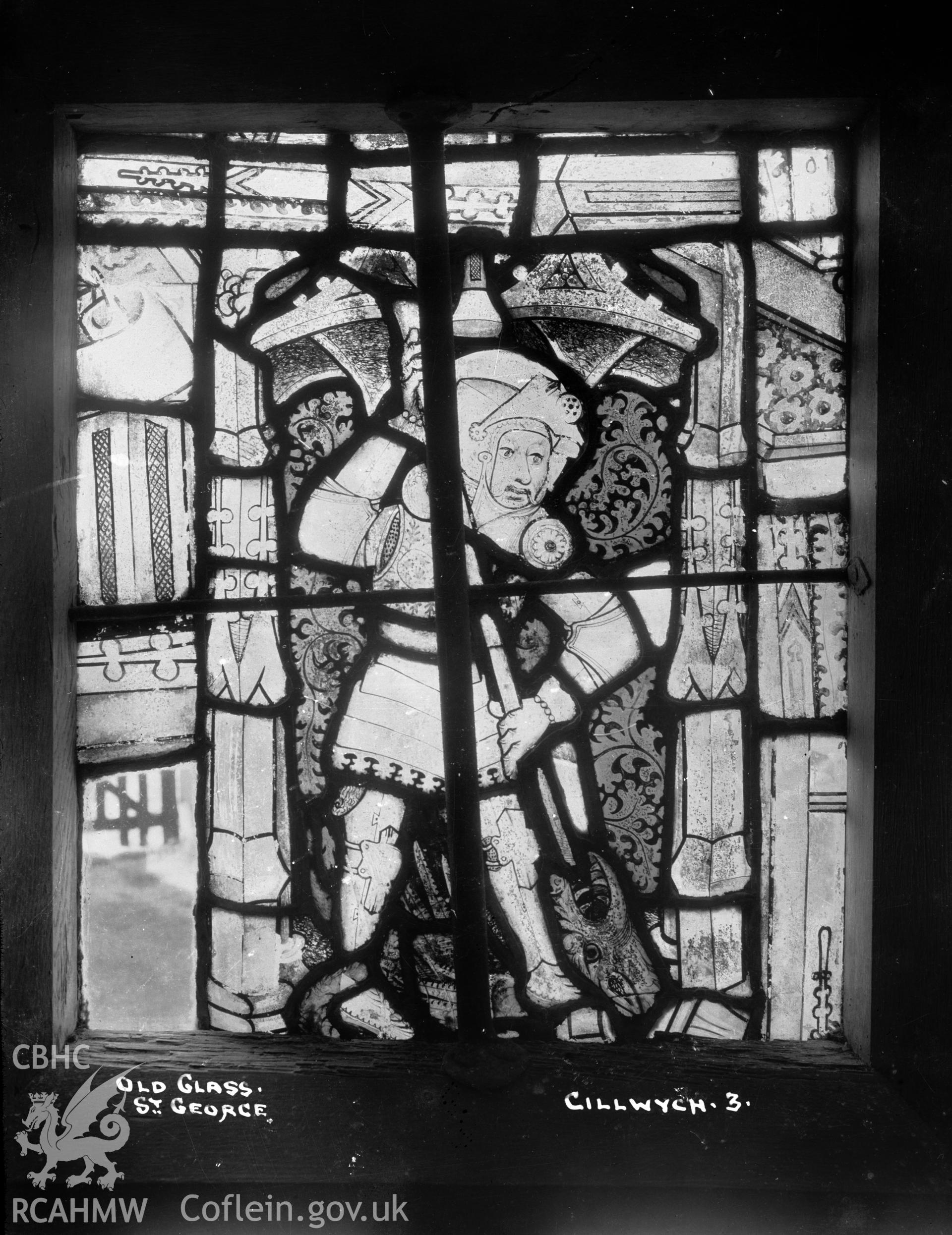 View of St George stained glass, possibly at Cil-llwch, taken by W A Call.