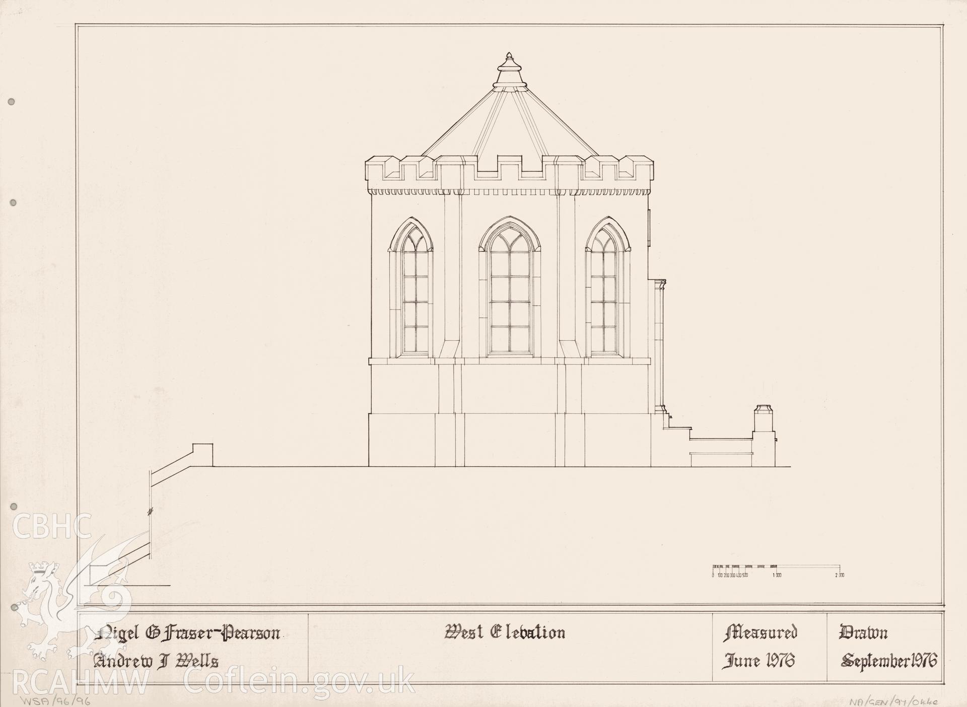 Measured drawing showing west elevation of the summerhouse in the grounds of Rookwood Hospital, Llandaff, produced by Nigel G. Fraser-Pearson and Andrew J. Wells, September 1976.